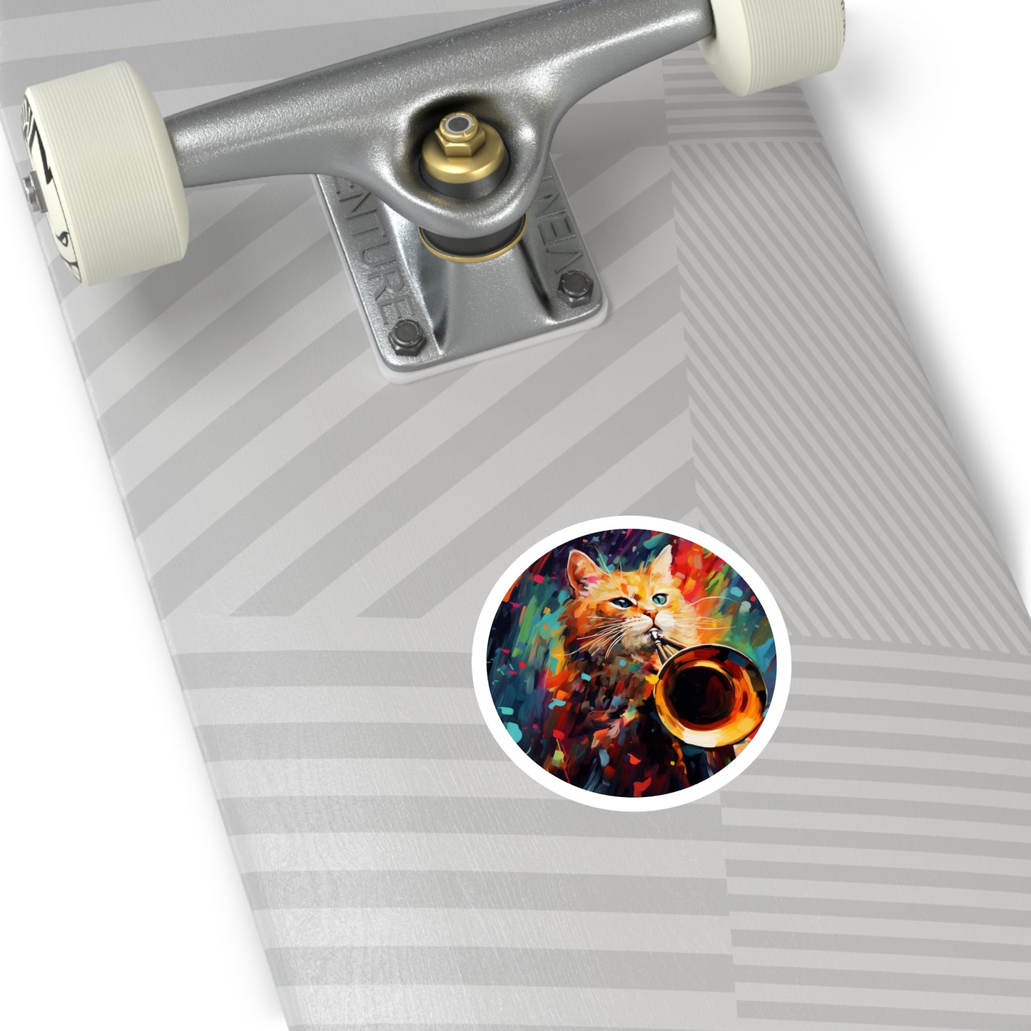 Round Vinyl Decals Sticker Trombonist Cat With Colorful Musical Waves