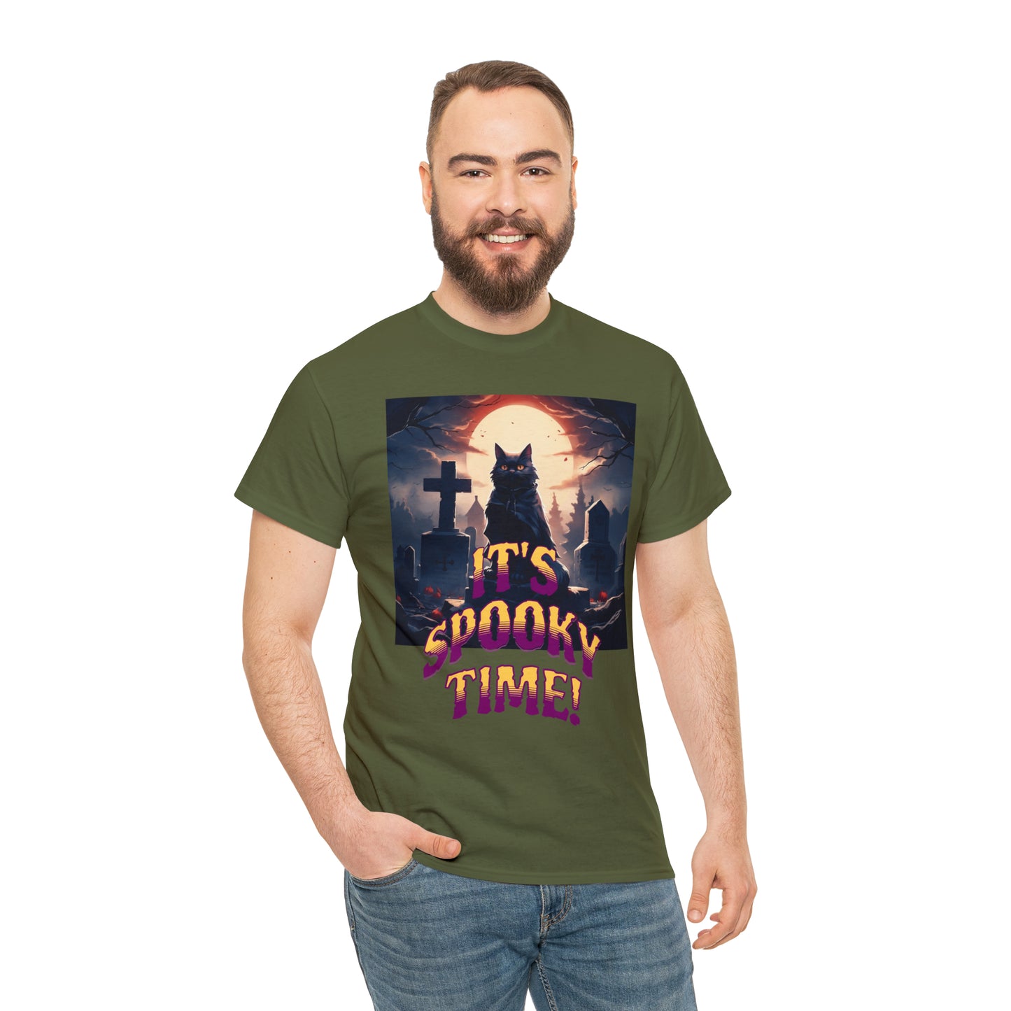 Unisex Cotton T-Shirt Vampire Cat in Spooky Graveyard Halloween Tee