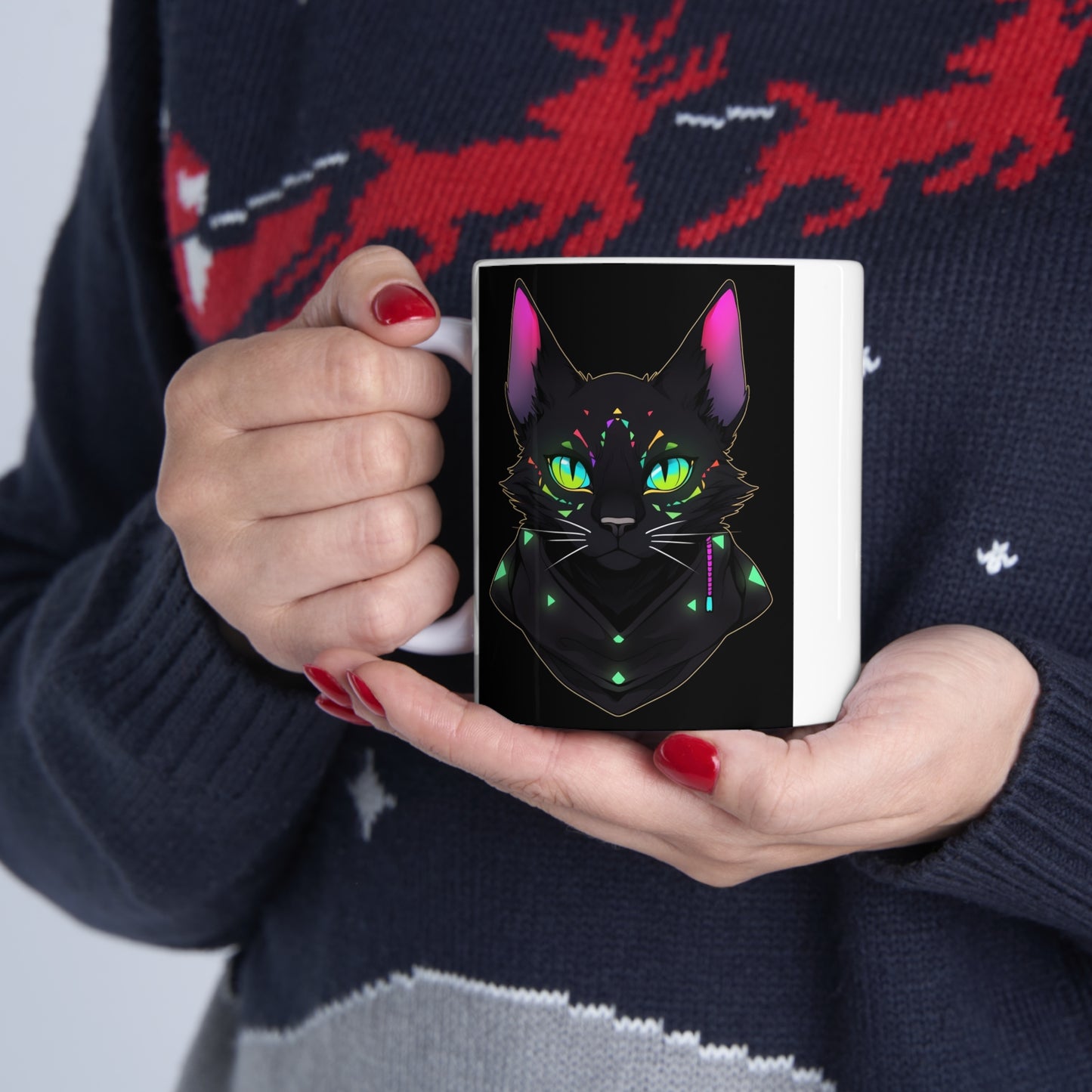 White Mug 11oz Mysterious Magician Black Cat Staring At You