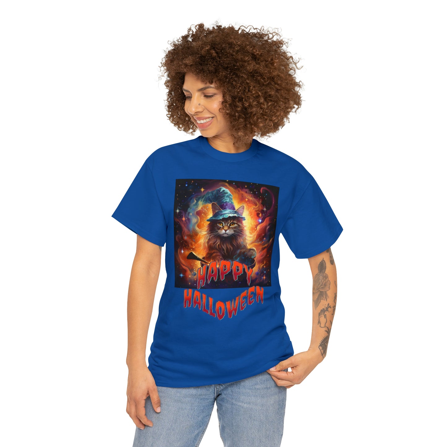 Unisex Cotton T-Shirt Happy Halloween Wizard Cat Graphic Costume Tee