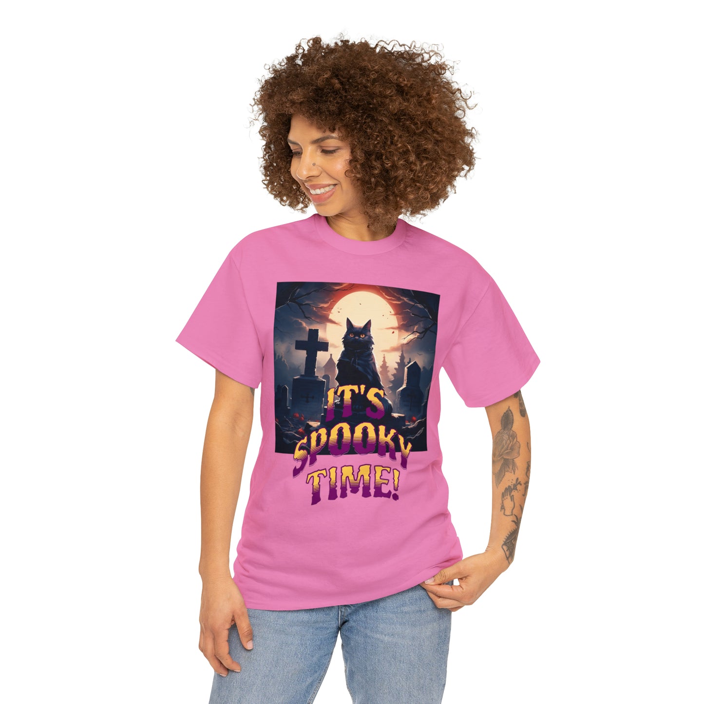 Unisex Cotton T-Shirt Vampire Cat in Spooky Graveyard Halloween Tee