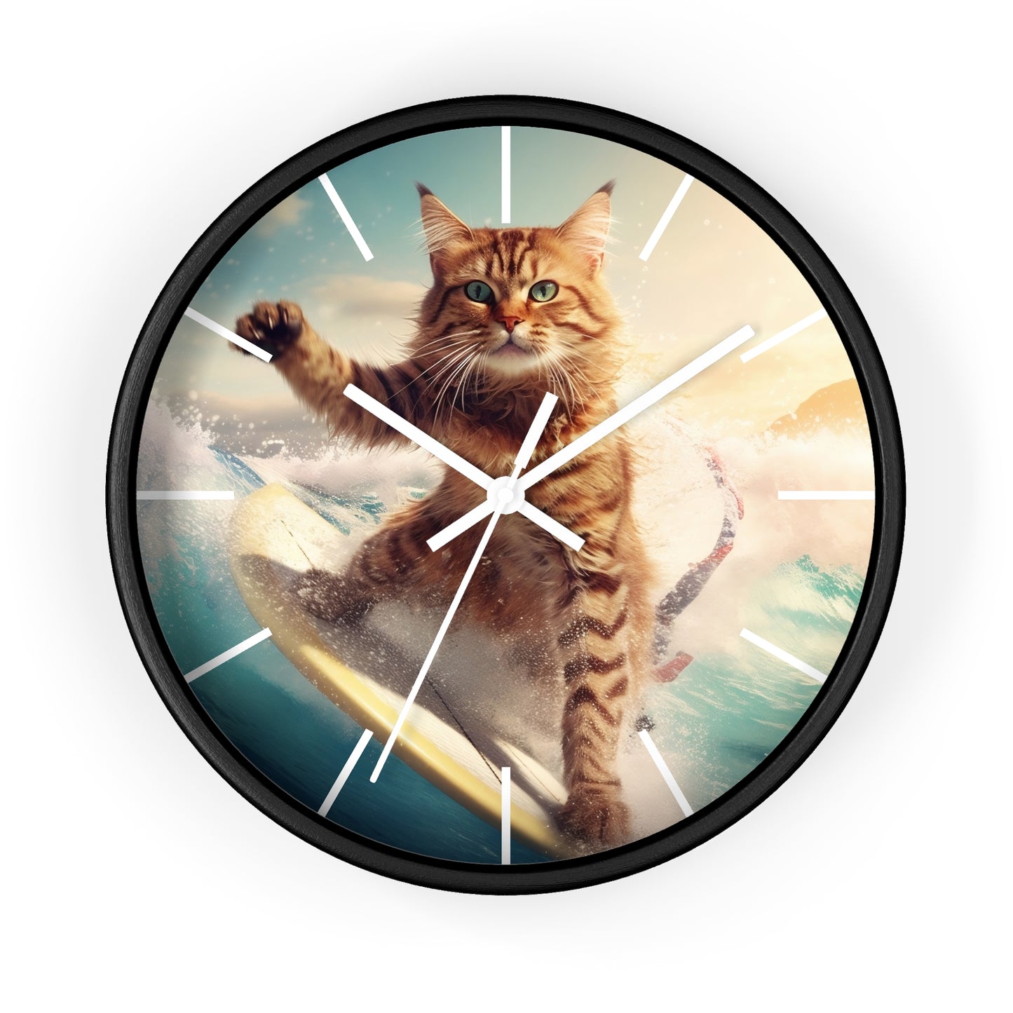 Wall Clock Brown Tabby Cat Surfing at Beach Home Decor