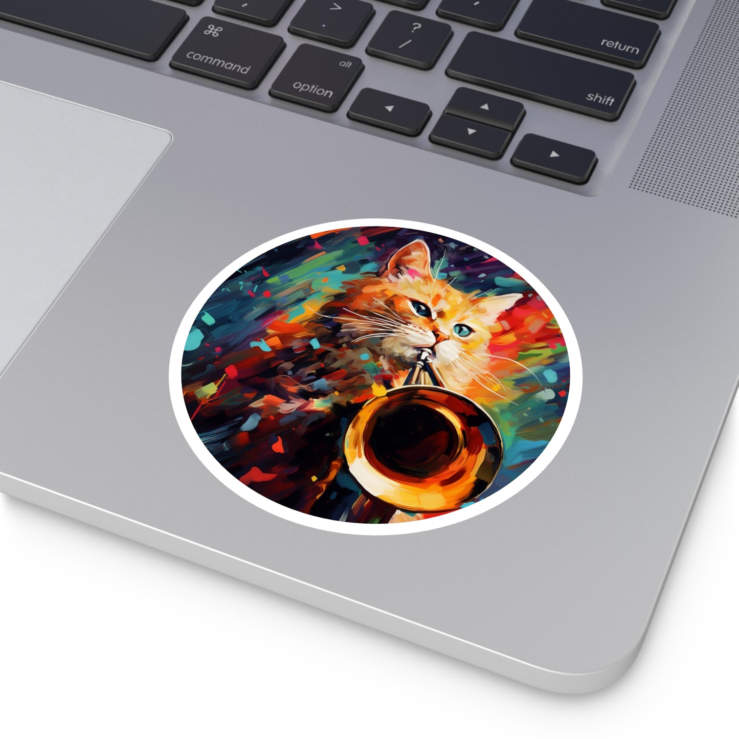 Round Vinyl Decals Sticker Trombonist Cat With Colorful Musical Waves