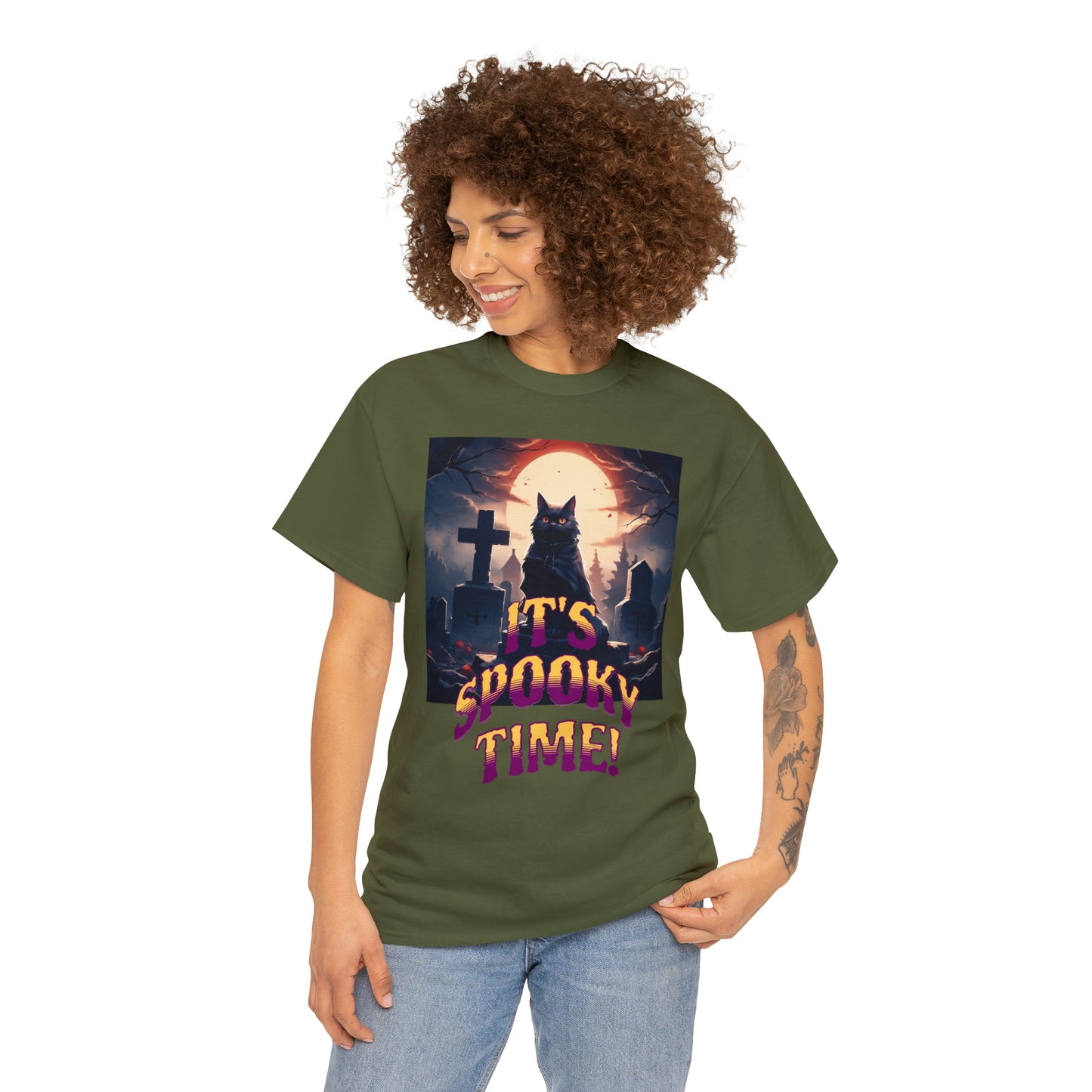 Unisex Cotton T-Shirt Vampire Cat in Spooky Graveyard Halloween Tee