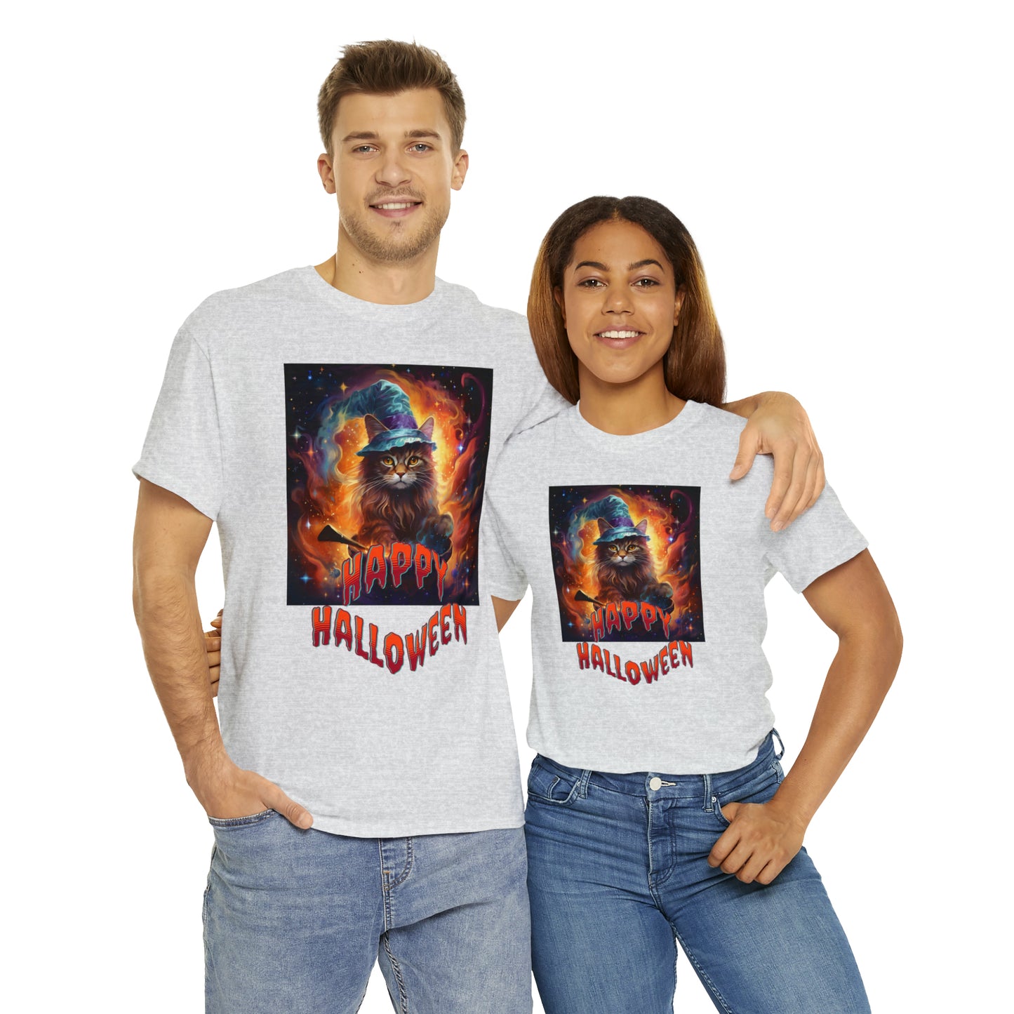 Unisex Cotton T-Shirt Happy Halloween Wizard Cat Graphic Costume Tee