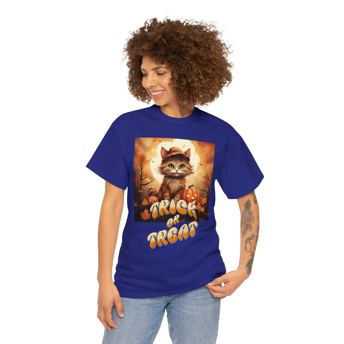 Unisex Cotton T-Shirt Trick or Treat Pumpkin Cat Graphic Costume Tee