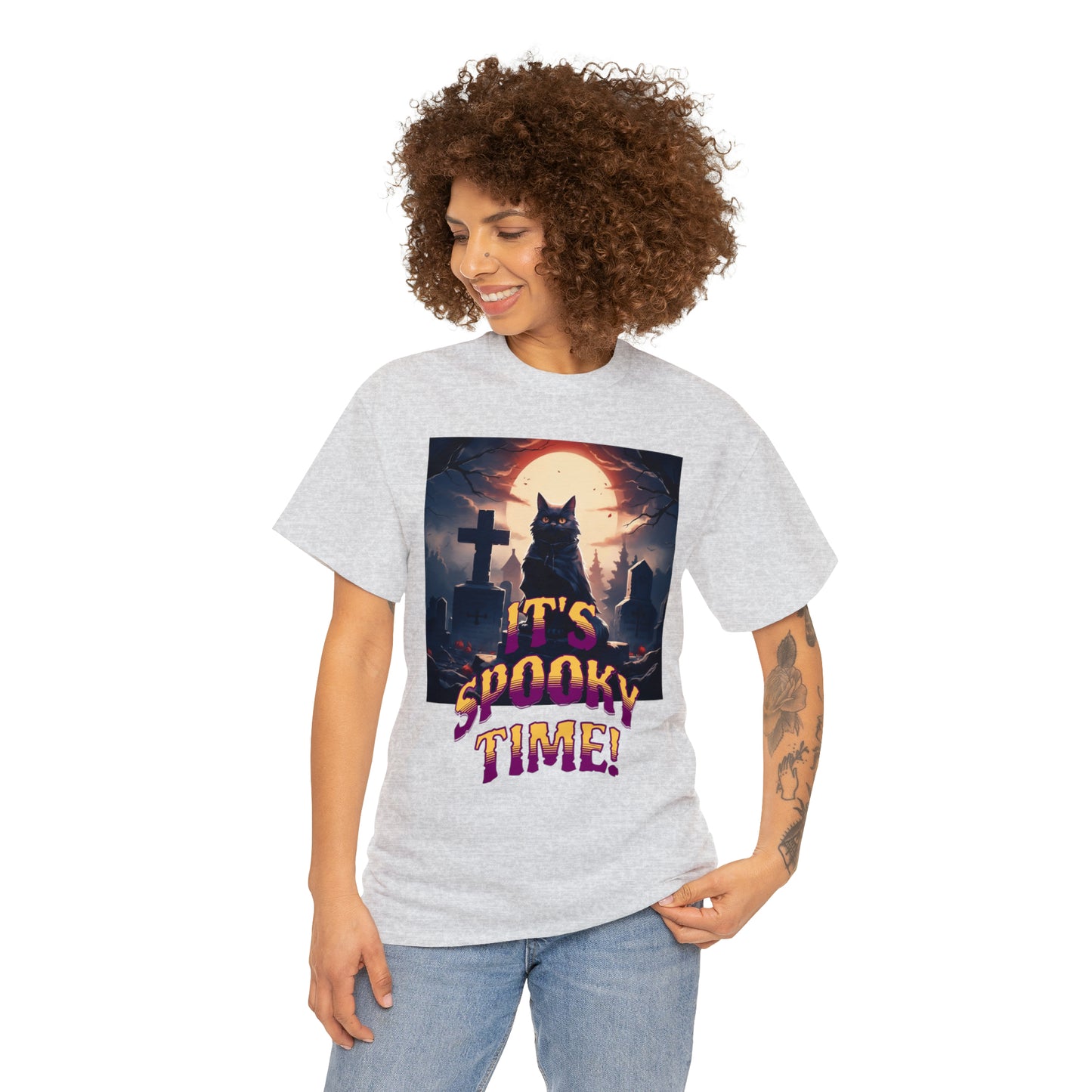 Unisex Cotton T-Shirt Vampire Cat in Spooky Graveyard Halloween Tee