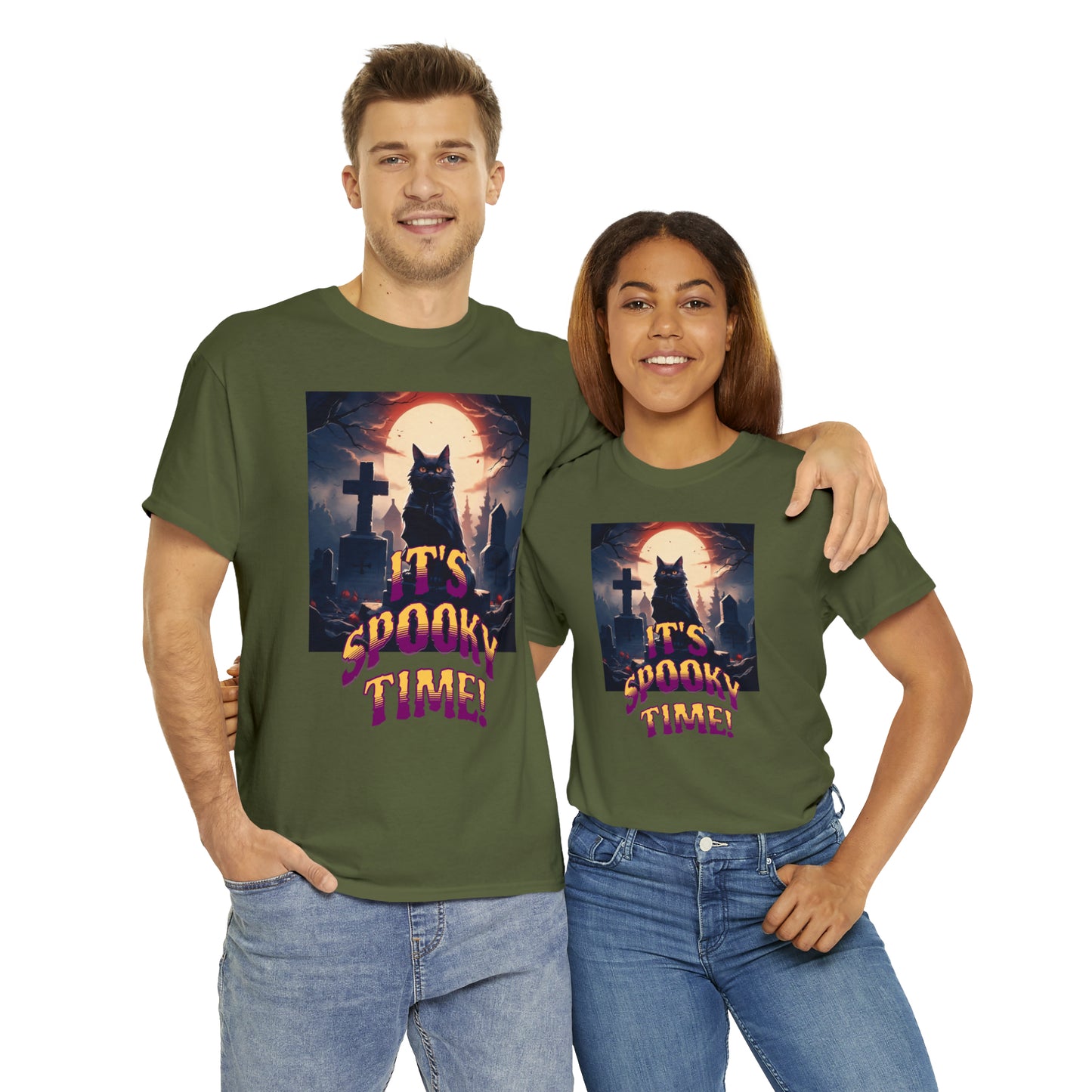 Unisex Cotton T-Shirt Vampire Cat in Spooky Graveyard Halloween Tee