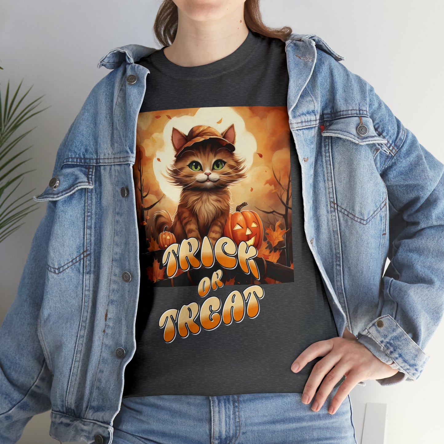 Unisex Cotton T-Shirt Trick or Treat Pumpkin Cat Graphic Costume Tee