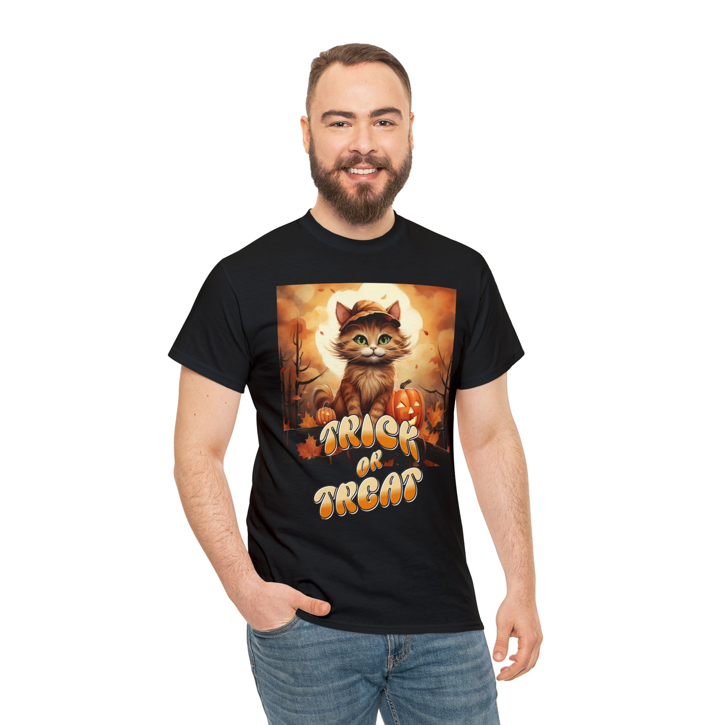 Unisex Cotton T-Shirt Trick or Treat Pumpkin Cat Graphic Costume Tee