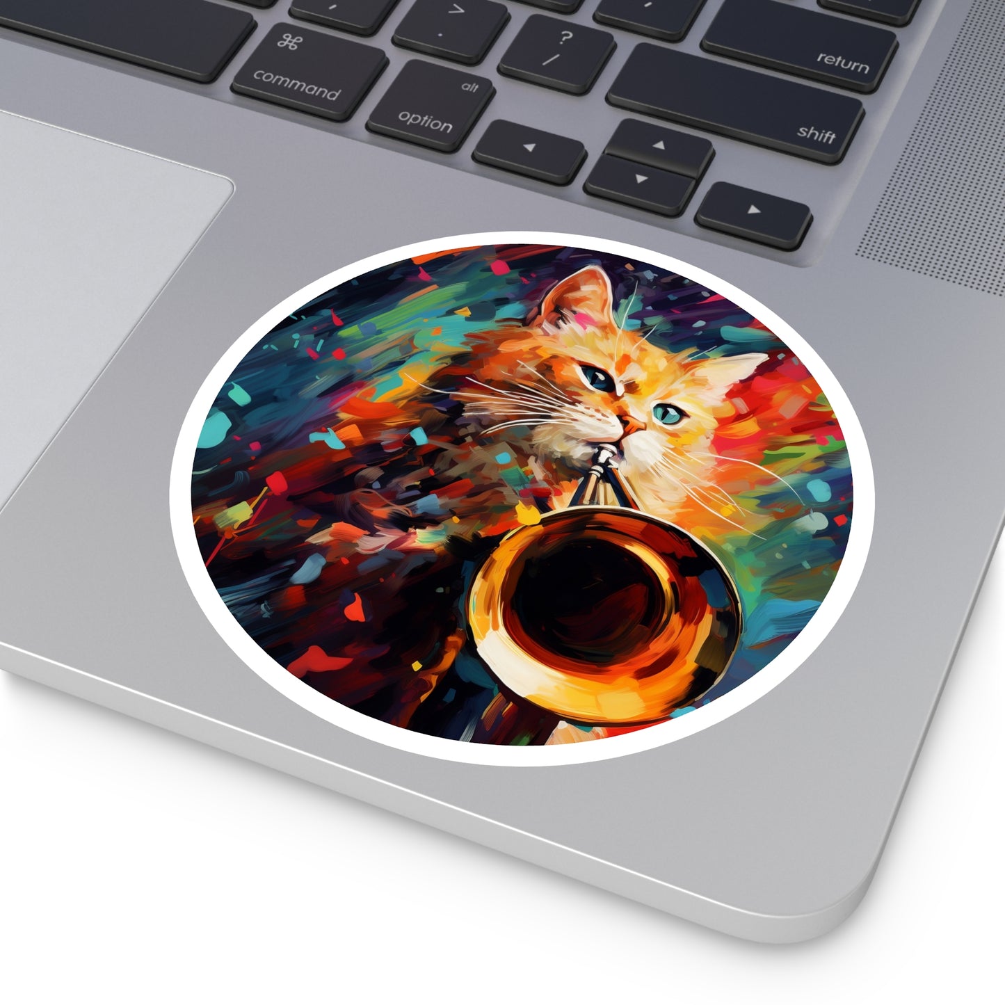 Round Vinyl Decals Sticker Trombonist Cat With Colorful Musical Waves