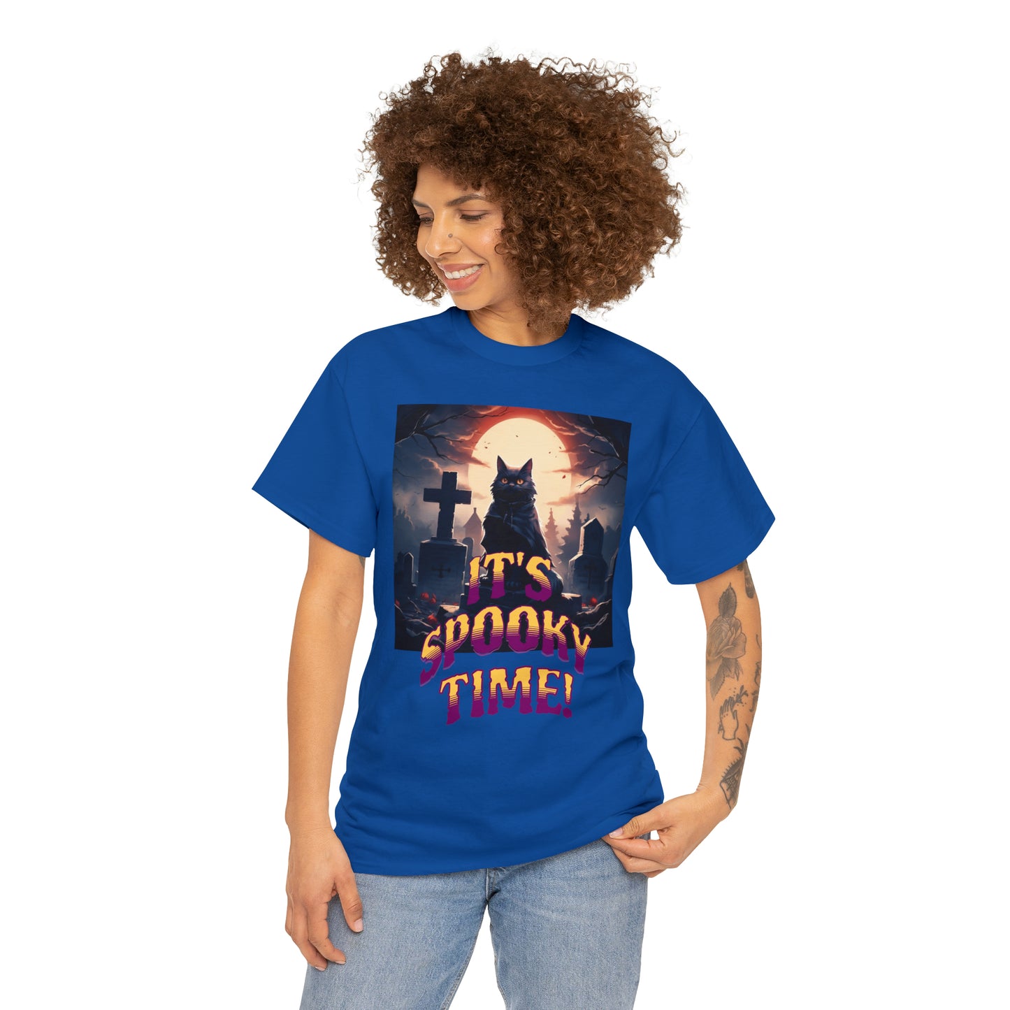 Unisex Cotton T-Shirt Vampire Cat in Spooky Graveyard Halloween Tee
