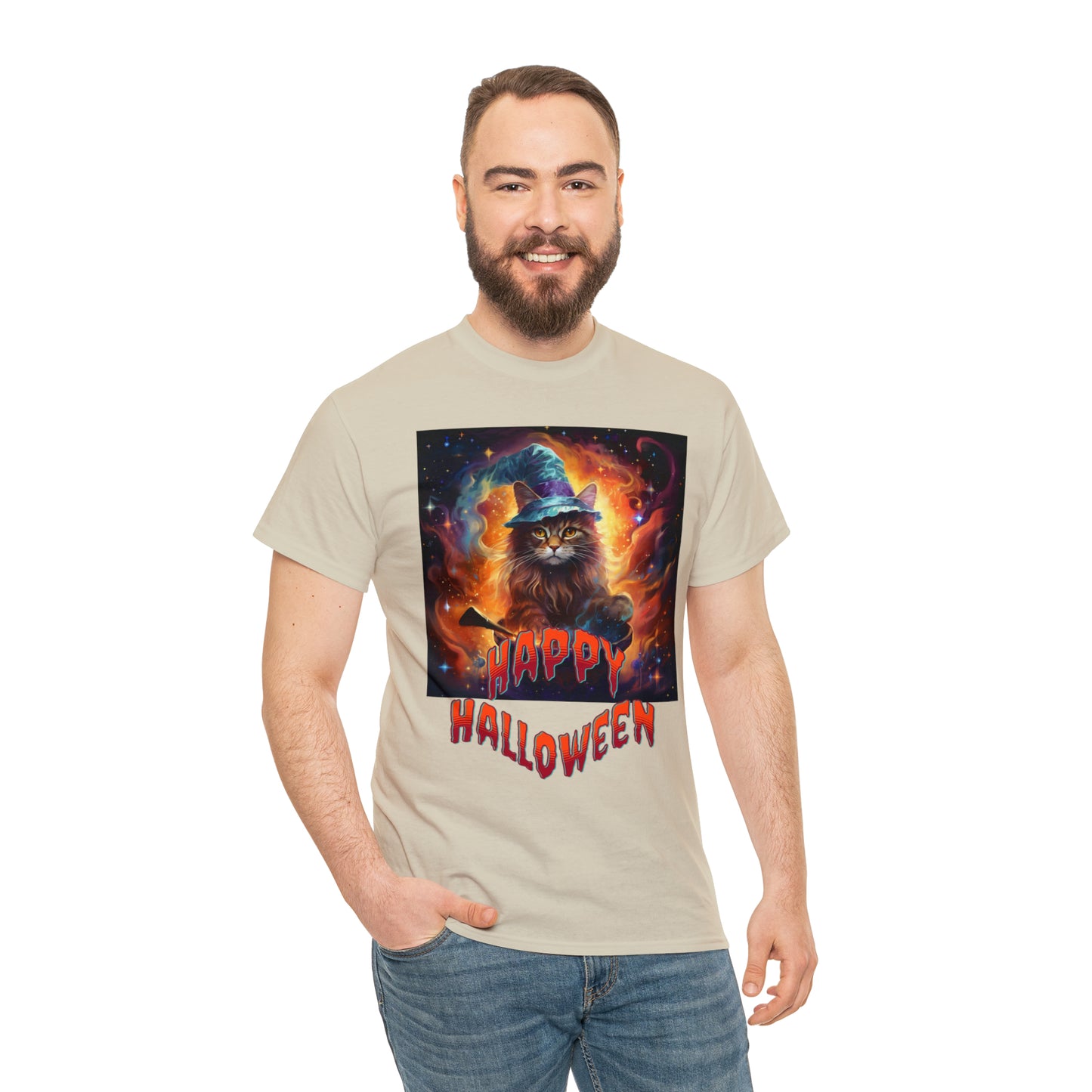 Unisex Cotton T-Shirt Happy Halloween Wizard Cat Graphic Costume Tee