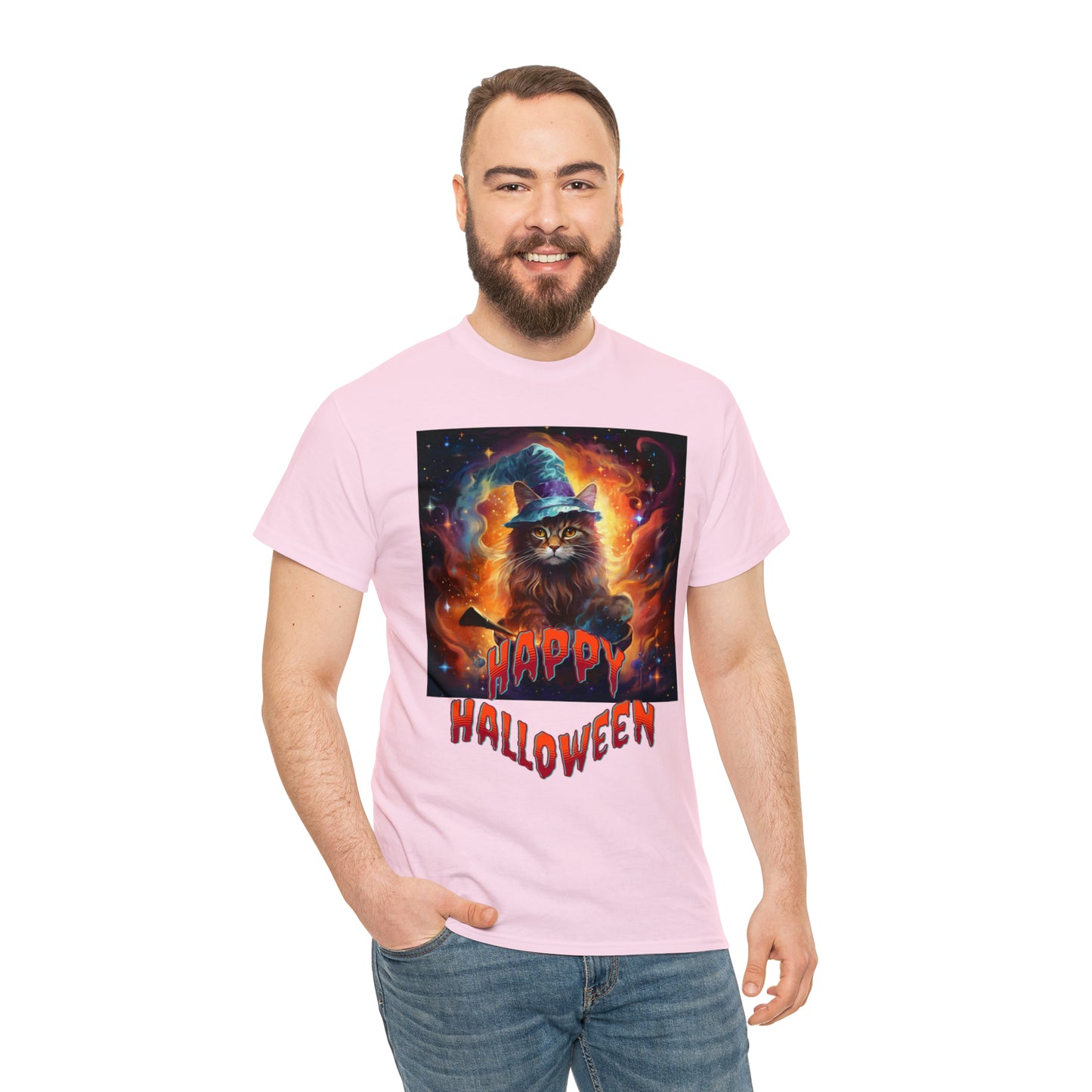 Unisex Cotton T-Shirt Happy Halloween Wizard Cat Graphic Costume Tee