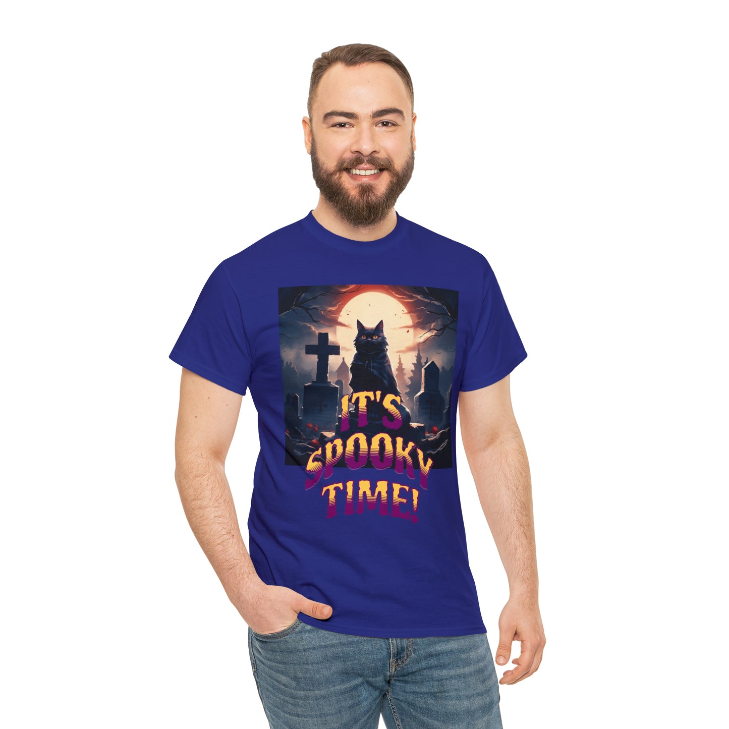 Unisex Cotton T-Shirt Vampire Cat in Spooky Graveyard Halloween Tee
