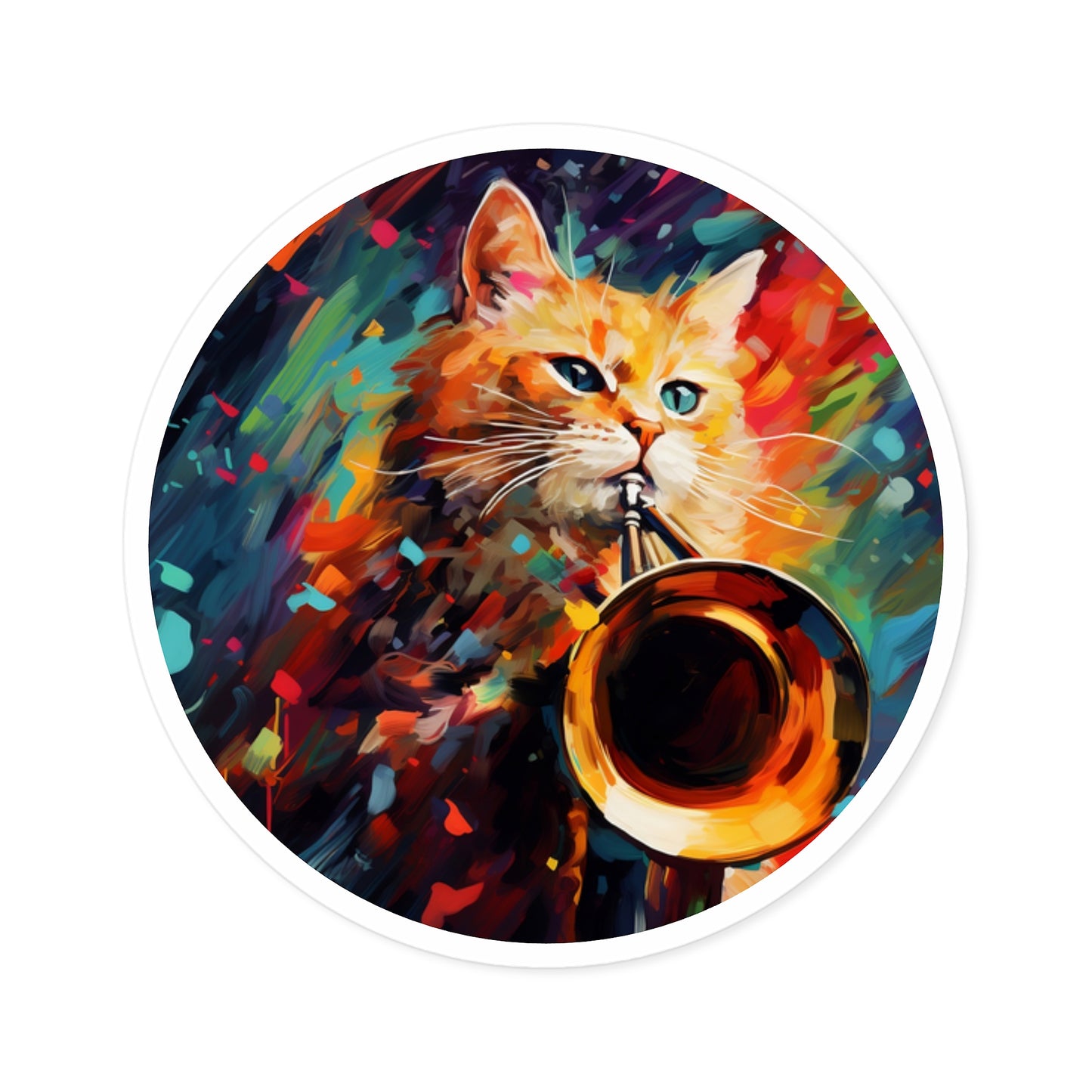 Round Vinyl Decals Sticker Trombonist Cat With Colorful Musical Waves
