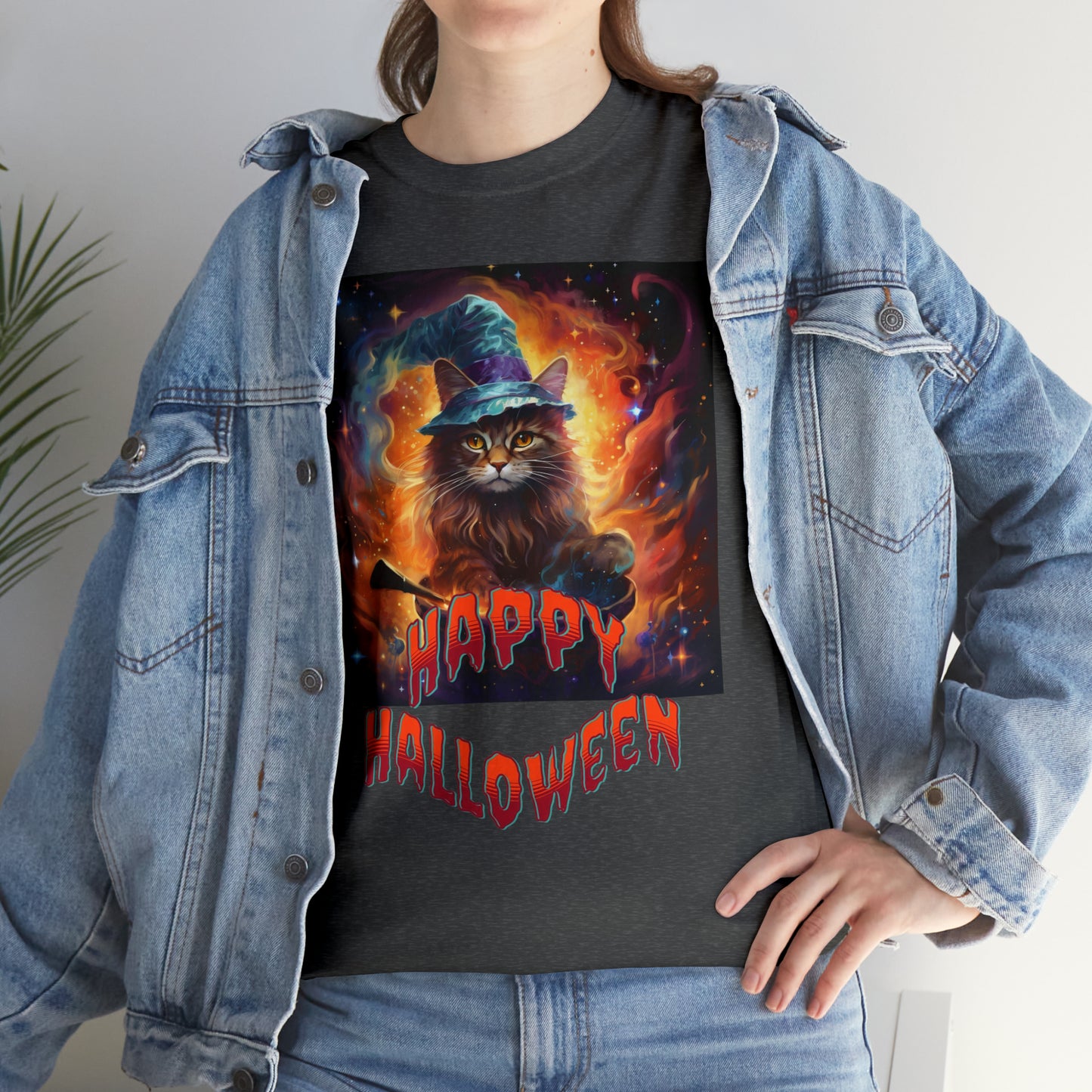 Unisex Cotton T-Shirt Happy Halloween Wizard Cat Graphic Costume Tee