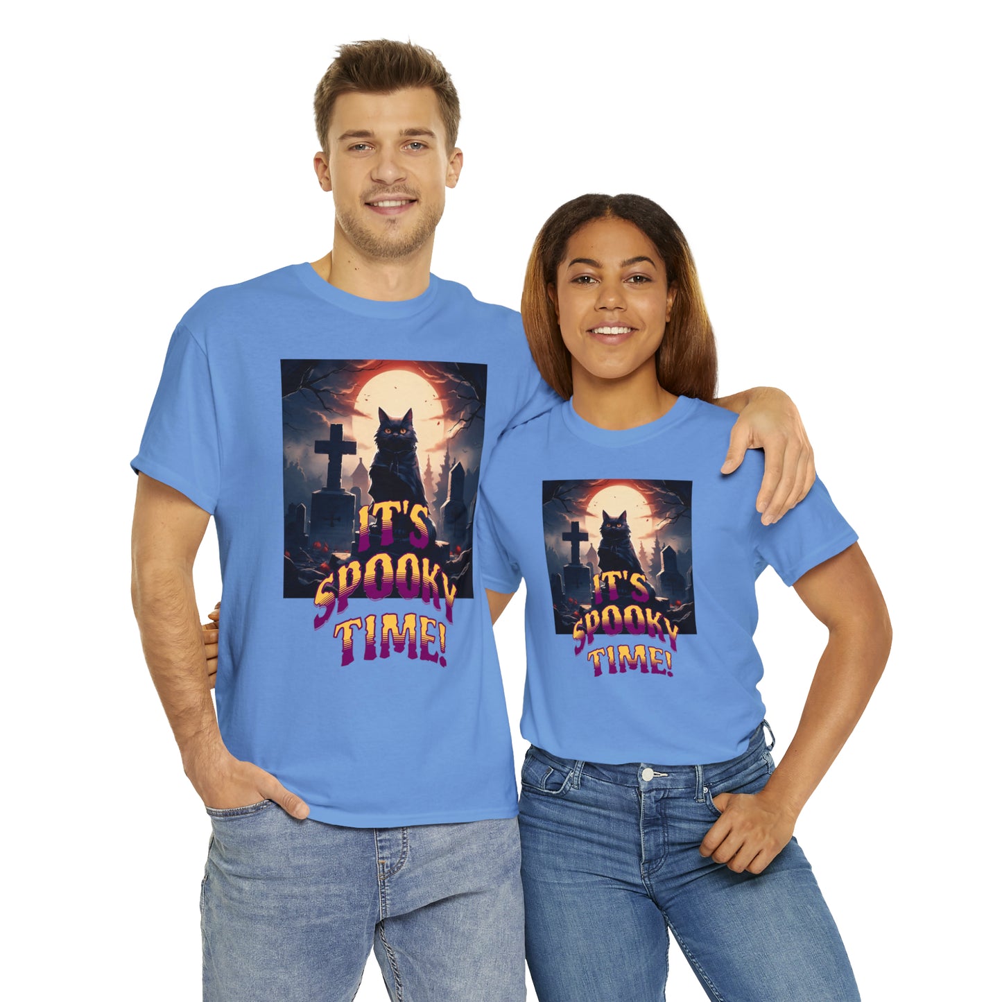 Unisex Cotton T-Shirt Vampire Cat in Spooky Graveyard Halloween Tee