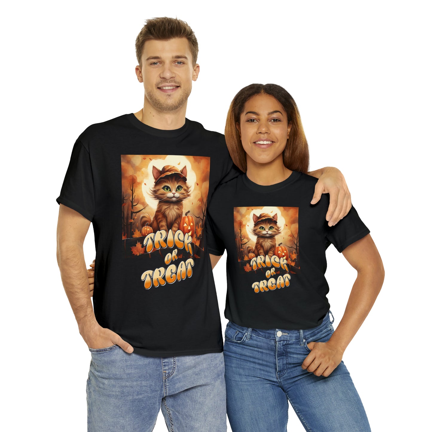 Unisex Cotton T-Shirt Trick or Treat Pumpkin Cat Graphic Costume Tee