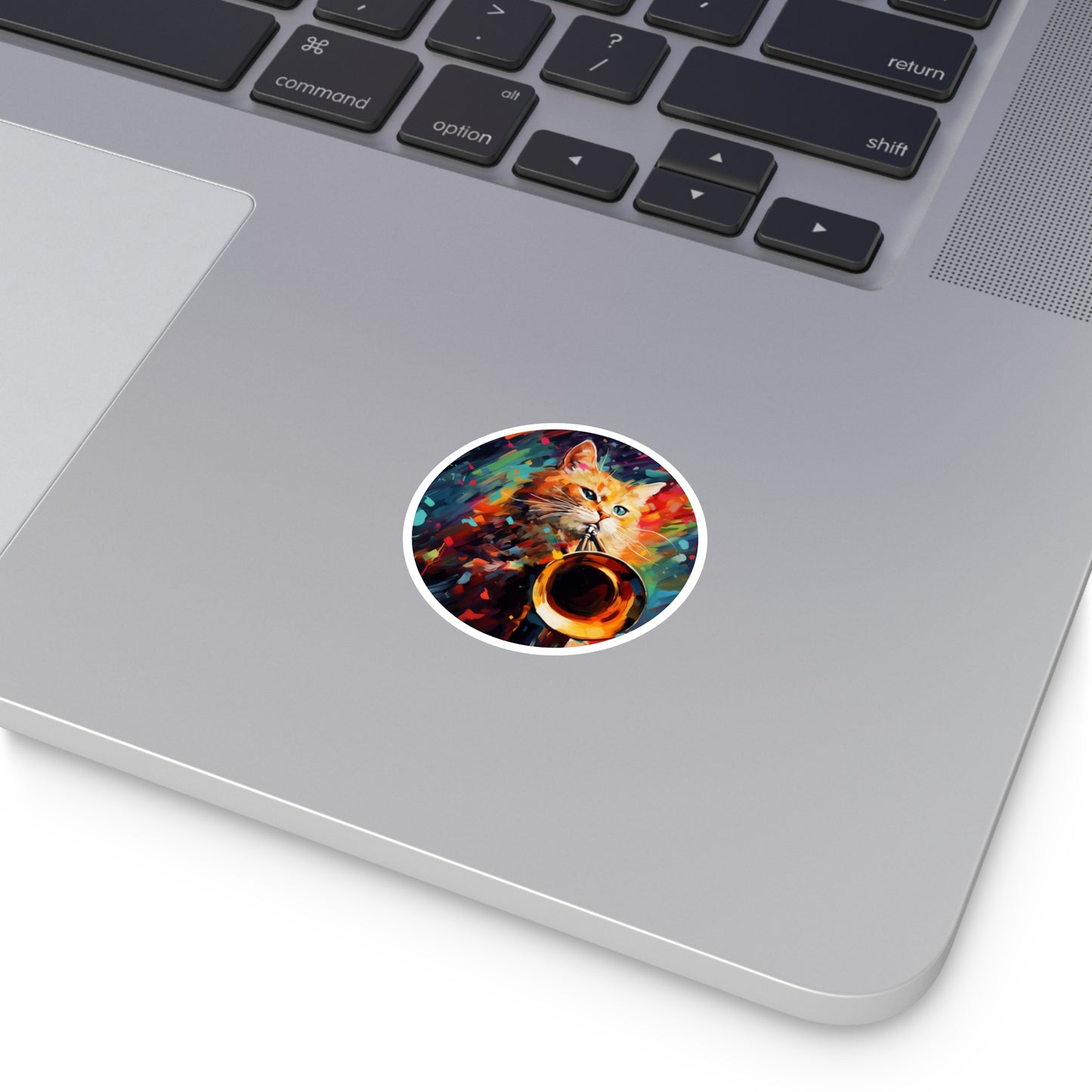 Round Vinyl Decals Sticker Trombonist Cat With Colorful Musical Waves