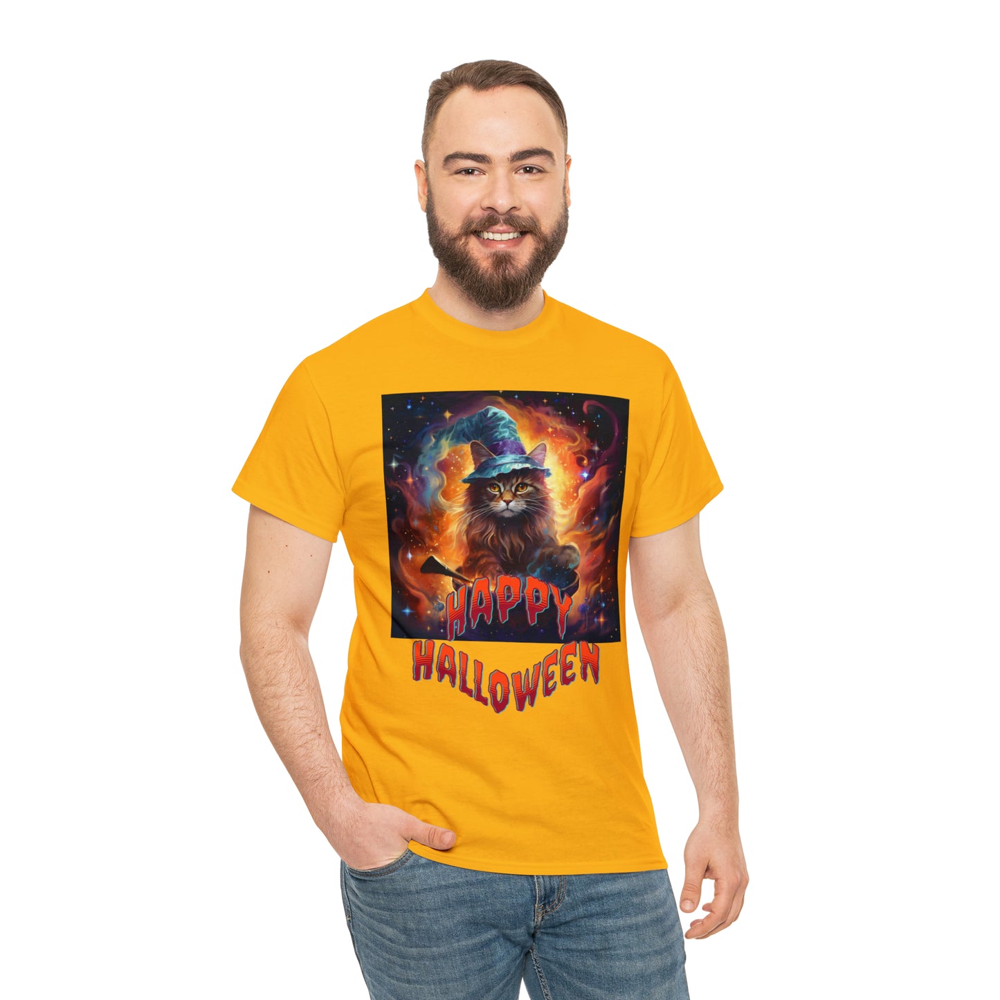Unisex Cotton T-Shirt Happy Halloween Wizard Cat Graphic Costume Tee