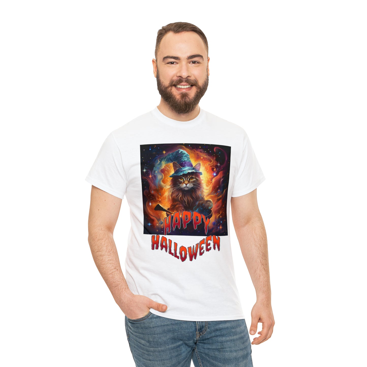 Unisex Cotton T-Shirt Happy Halloween Wizard Cat Graphic Costume Tee