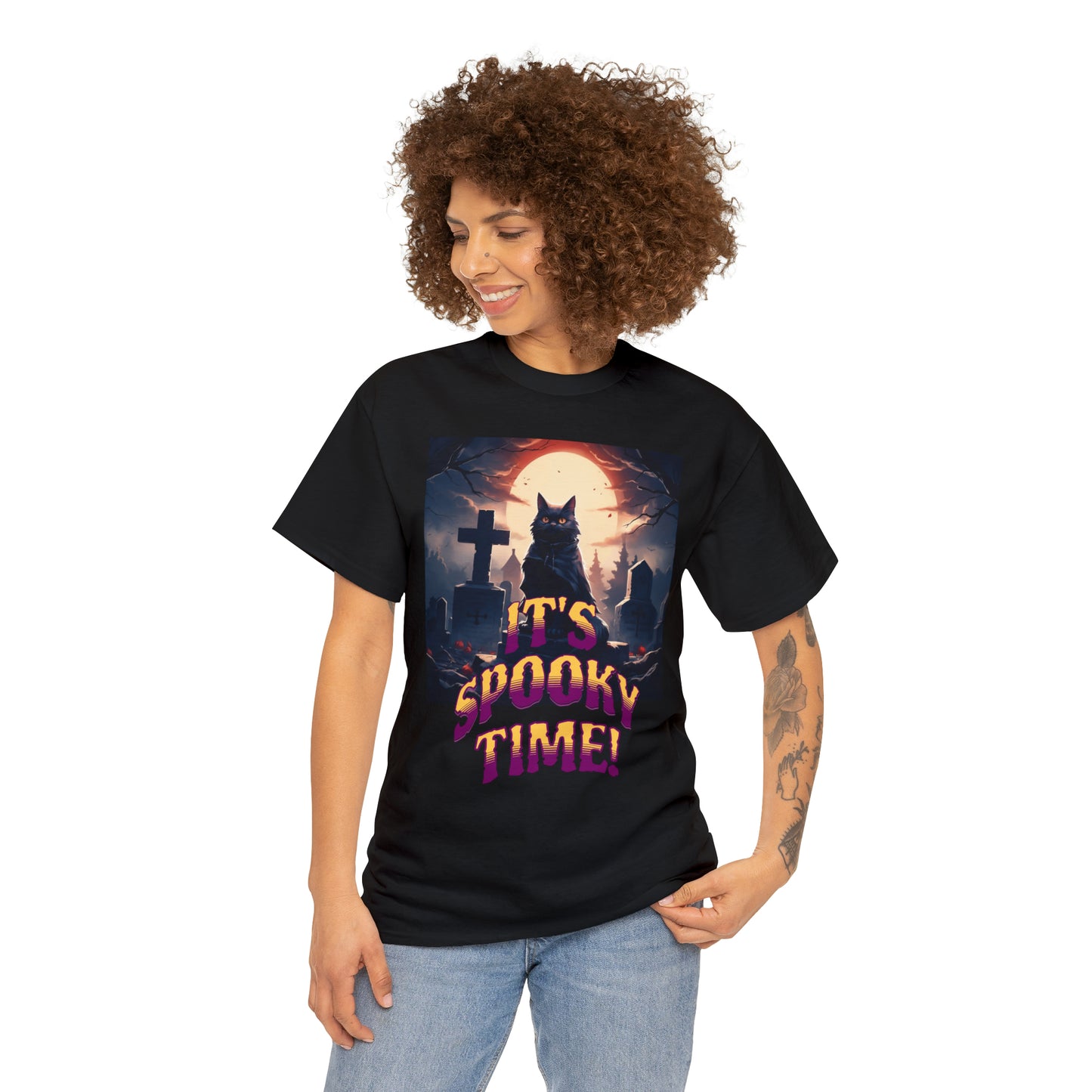 Unisex Cotton T-Shirt Vampire Cat in Spooky Graveyard Halloween Tee