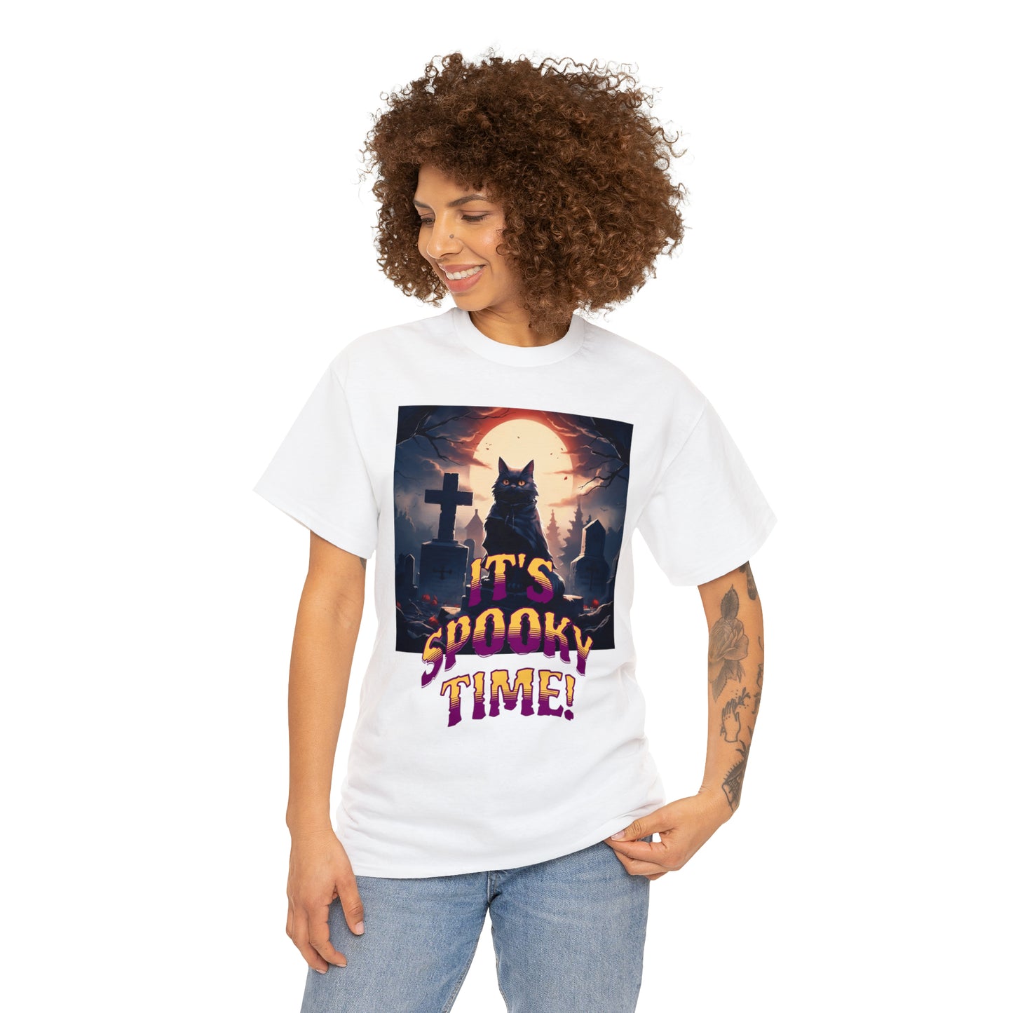 Unisex Cotton T-Shirt Vampire Cat in Spooky Graveyard Halloween Tee