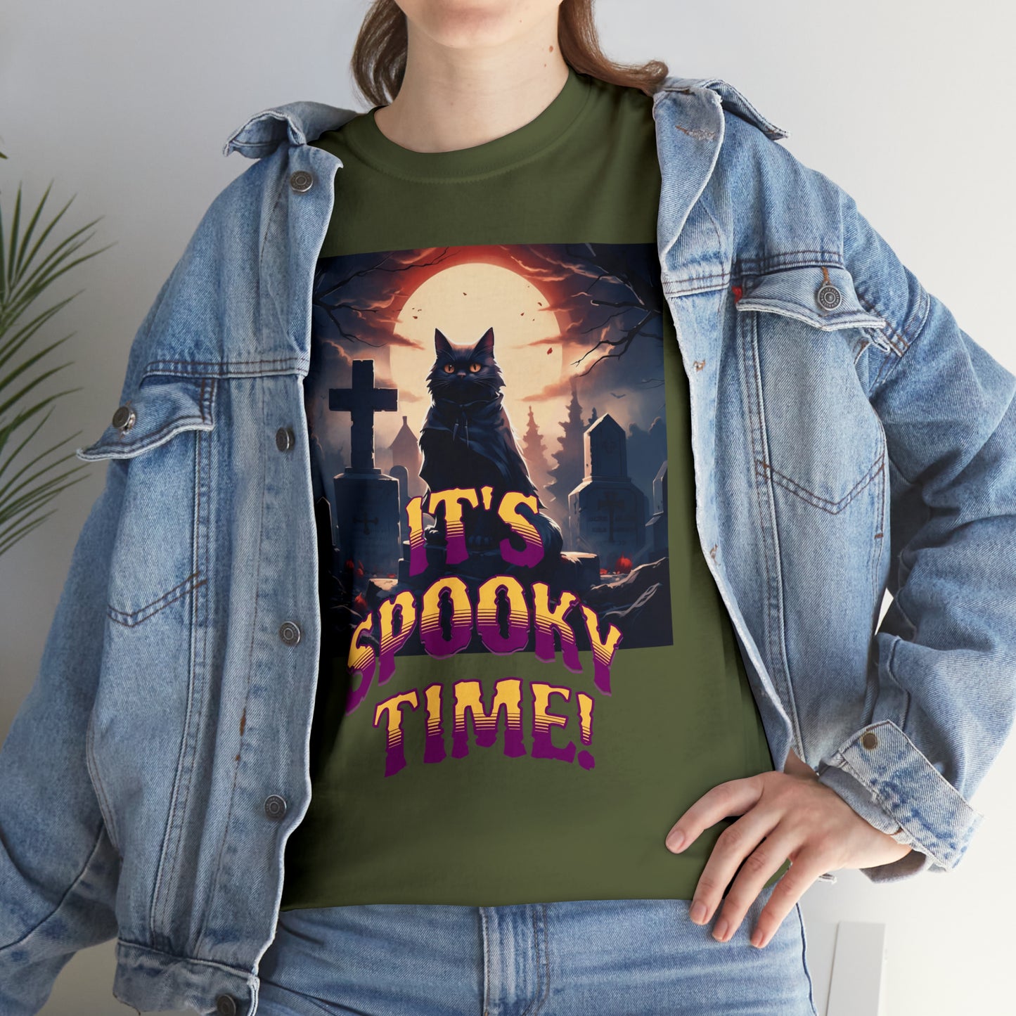 Unisex Cotton T-Shirt Vampire Cat in Spooky Graveyard Halloween Tee