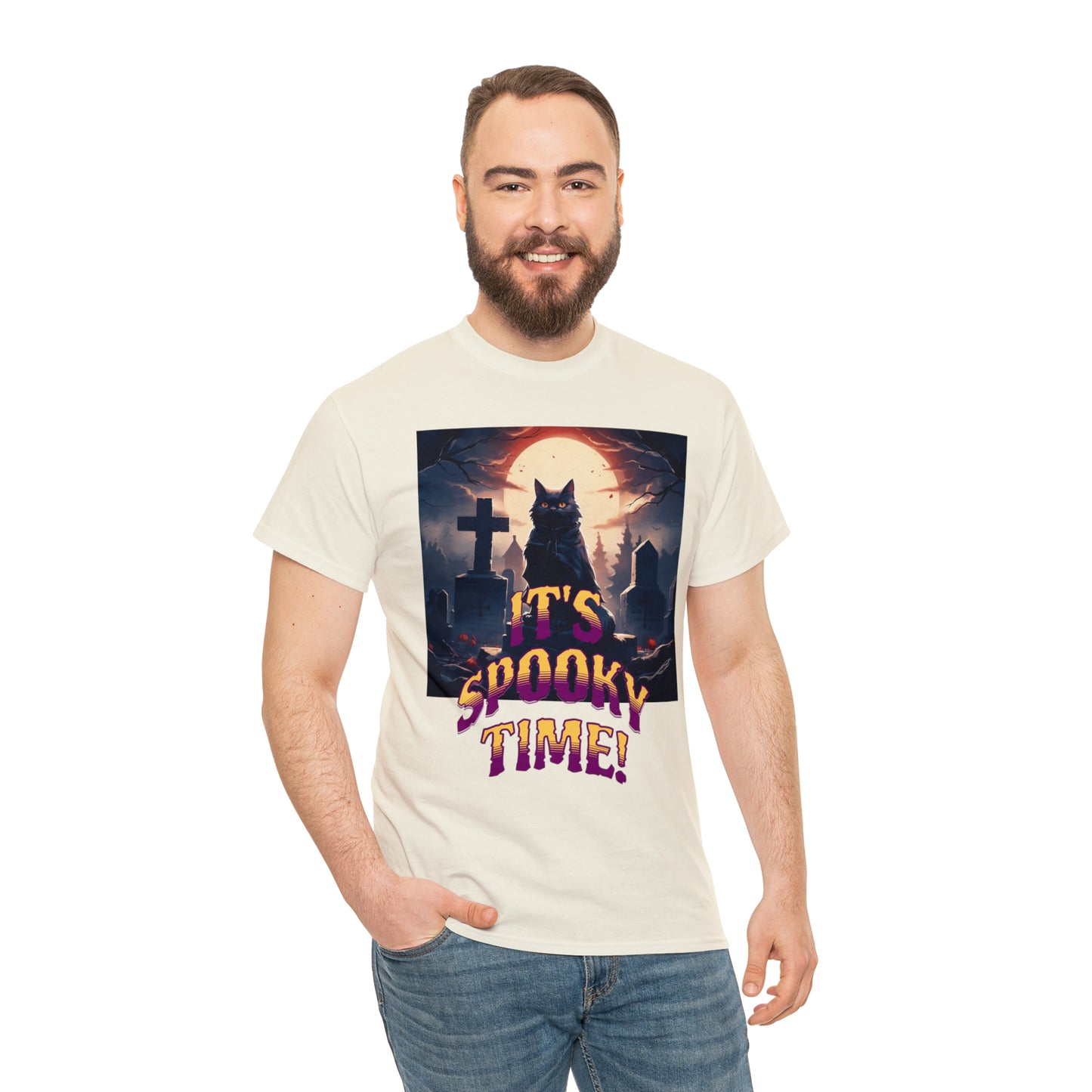 Unisex Cotton T-Shirt Vampire Cat in Spooky Graveyard Halloween Tee