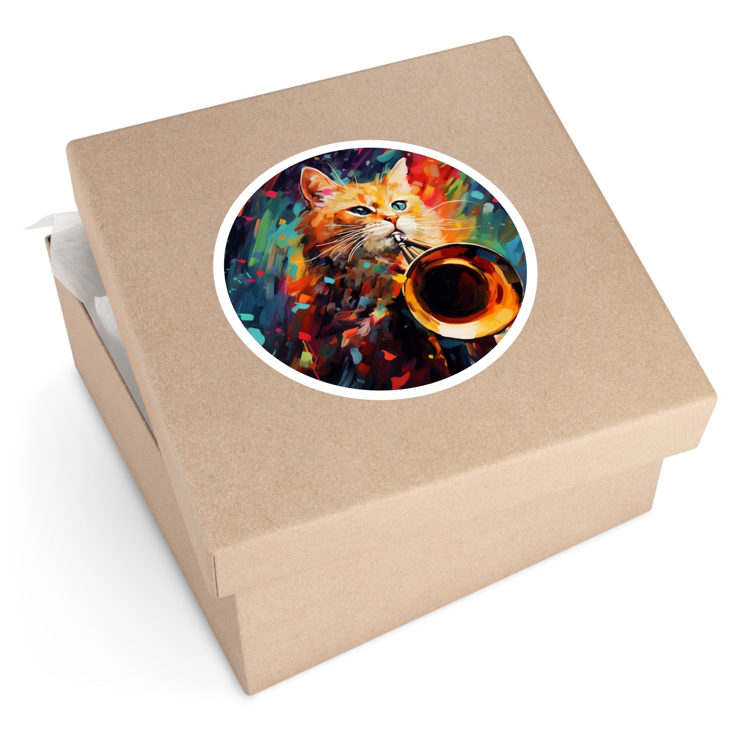 Round Vinyl Decals Sticker Trombonist Cat With Colorful Musical Waves