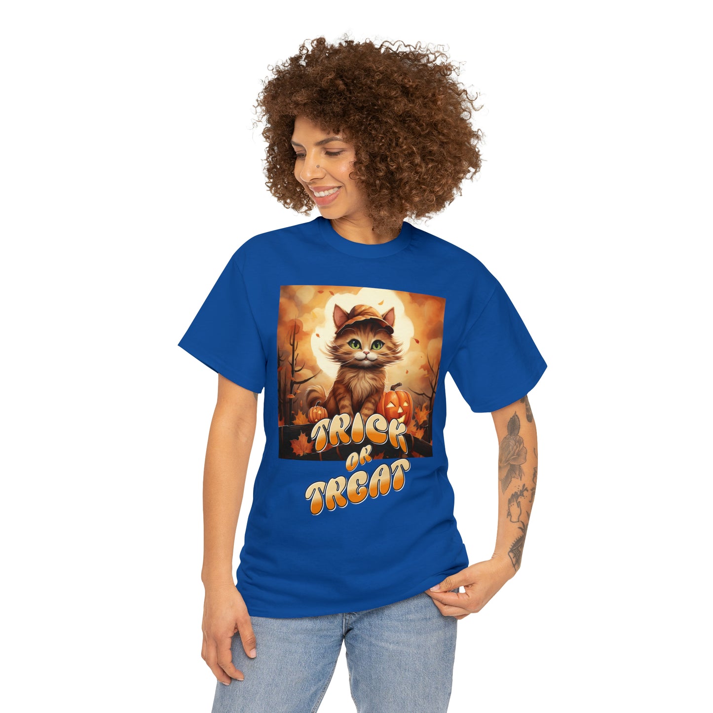 Unisex Cotton T-Shirt Trick or Treat Pumpkin Cat Graphic Costume Tee