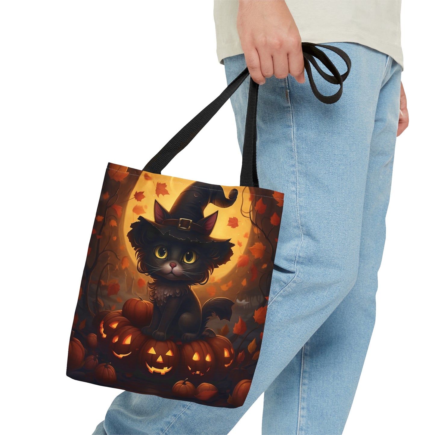 Black Kitty with Jack-o'-lantern Halloween Costume Reusable Tote Bag