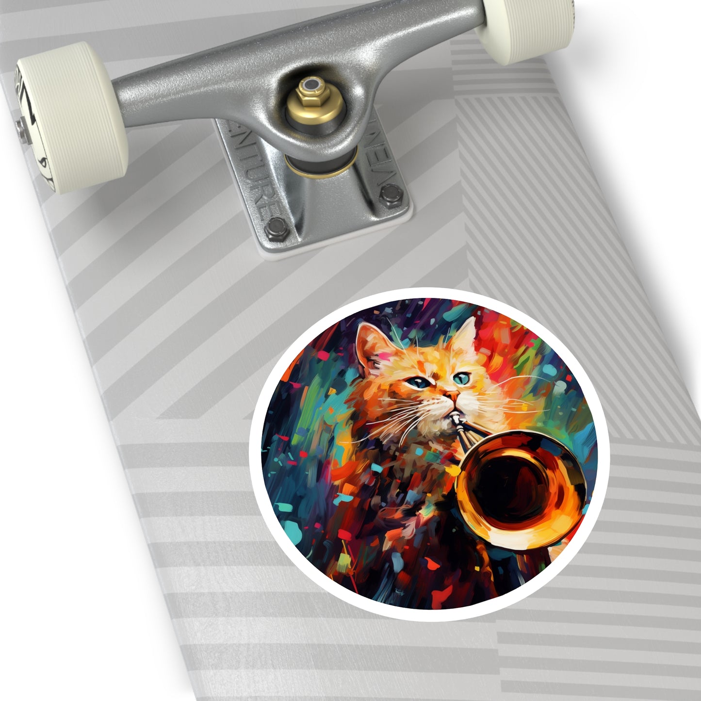 Round Vinyl Decals Sticker Trombonist Cat With Colorful Musical Waves