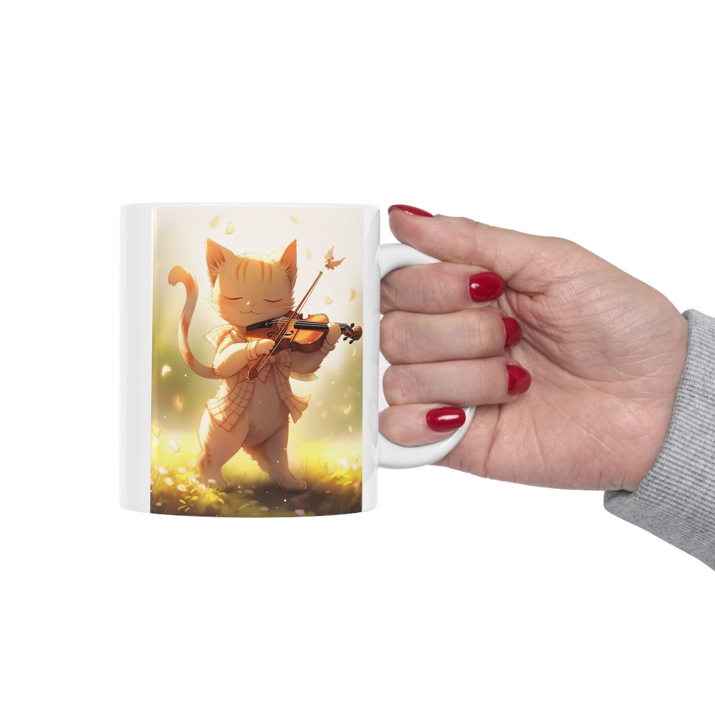 White Mug 11oz Ginger Cat Playing Violin in Forest Anime Style
