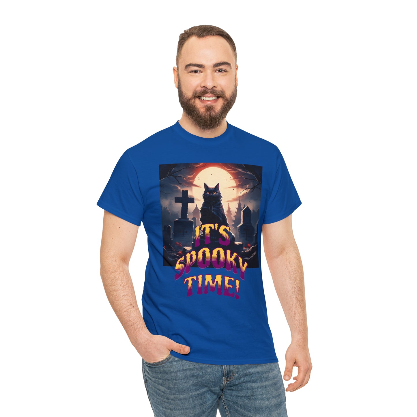 Unisex Cotton T-Shirt Vampire Cat in Spooky Graveyard Halloween Tee