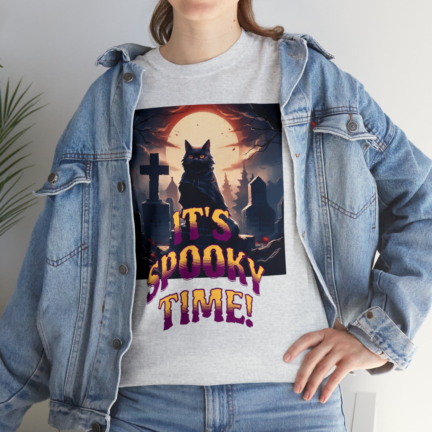 Unisex Cotton T-Shirt Vampire Cat in Spooky Graveyard Halloween Tee