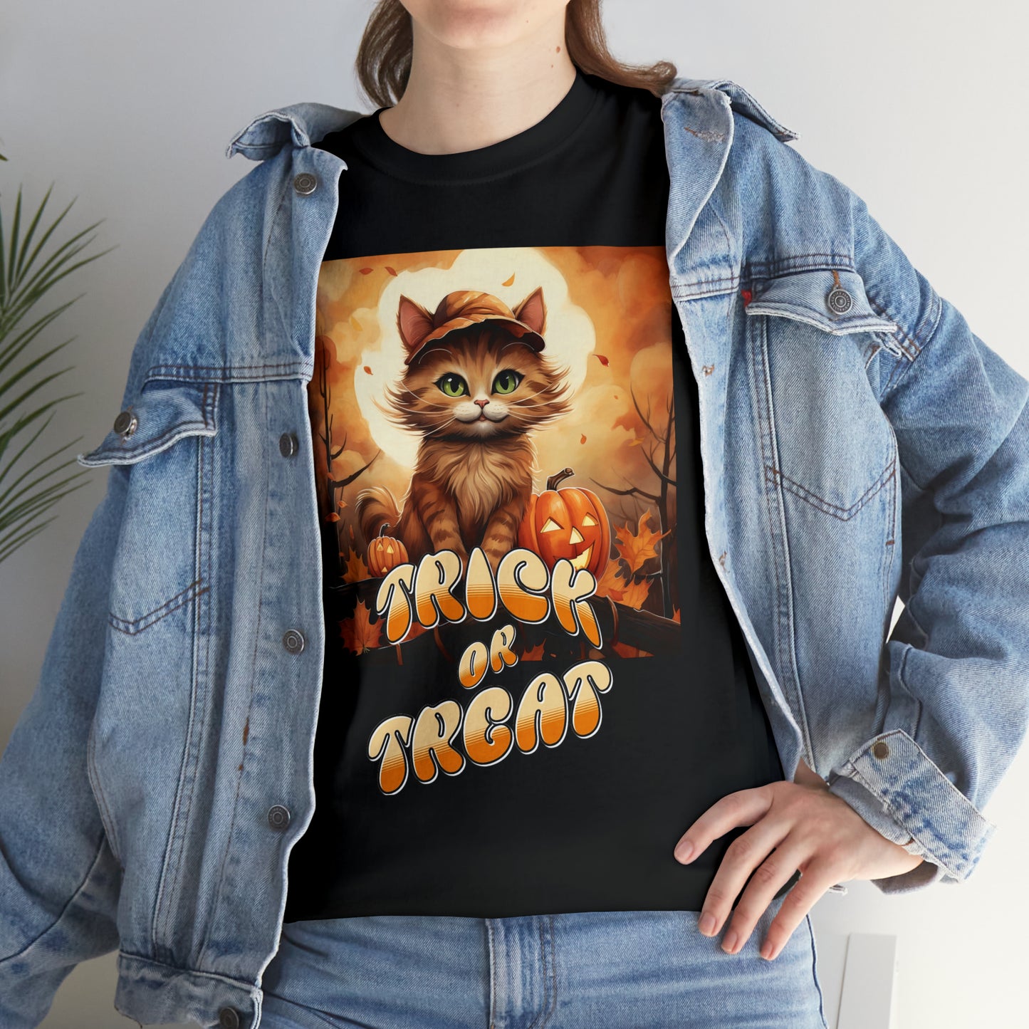 Unisex Cotton T-Shirt Trick or Treat Pumpkin Cat Graphic Costume Tee