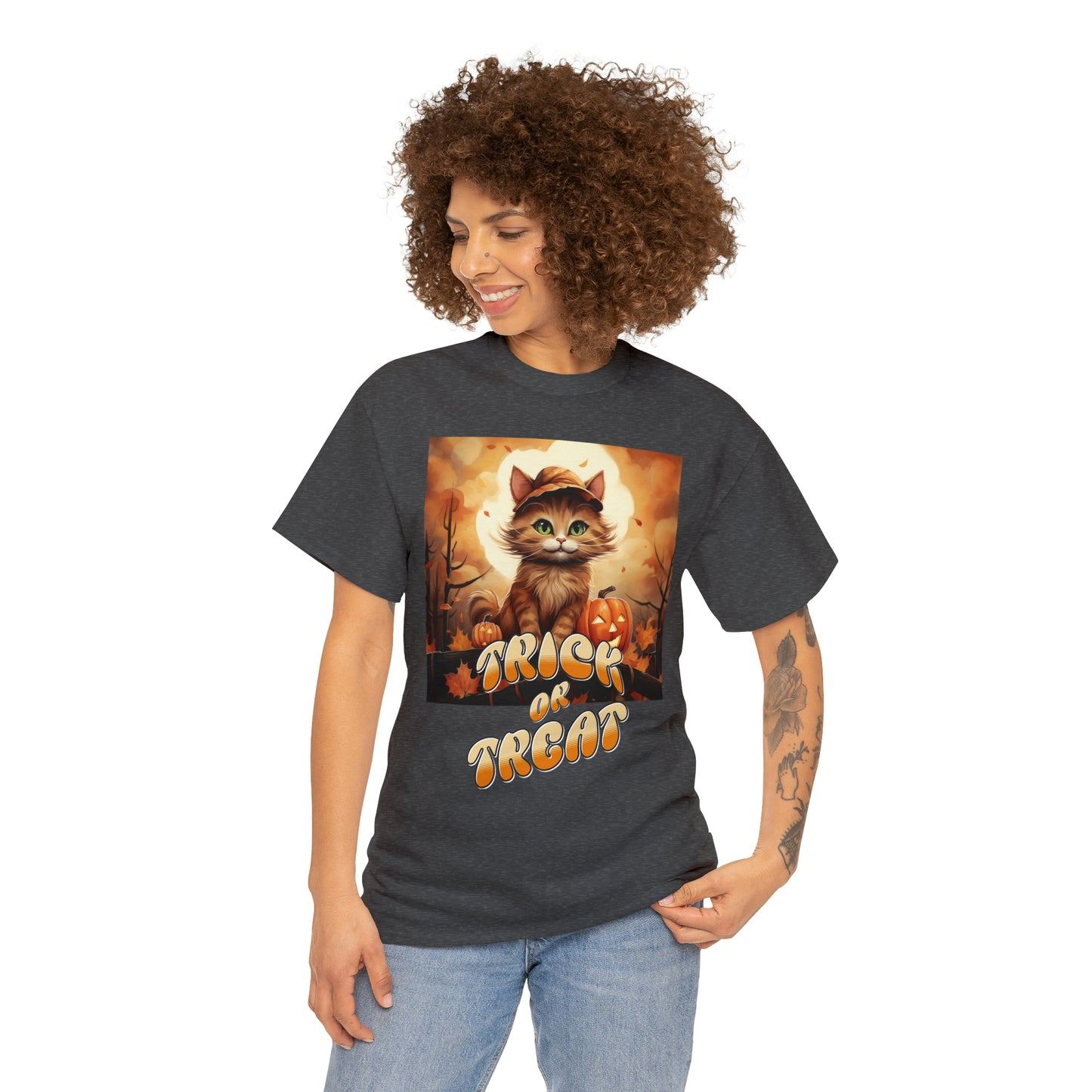 Unisex Cotton T-Shirt Trick or Treat Pumpkin Cat Graphic Costume Tee
