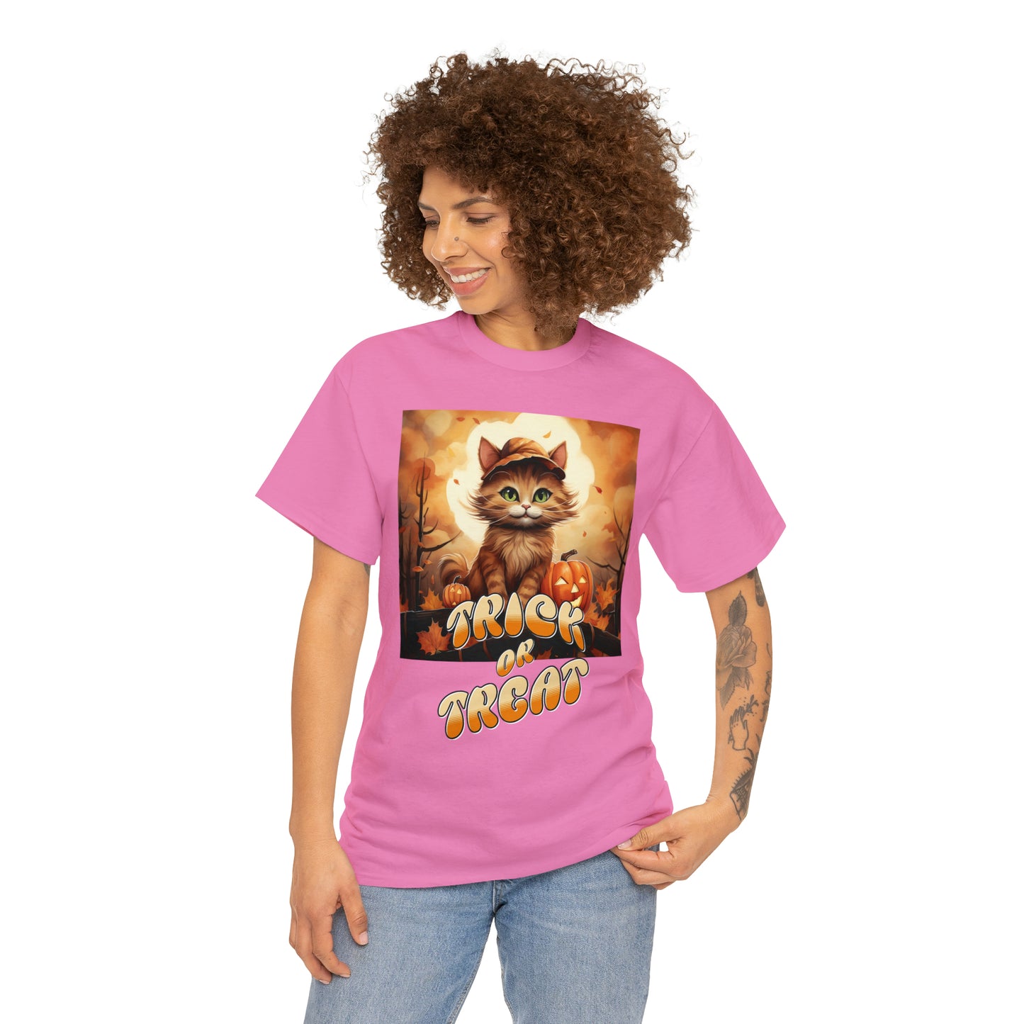 Unisex Cotton T-Shirt Trick or Treat Pumpkin Cat Graphic Costume Tee