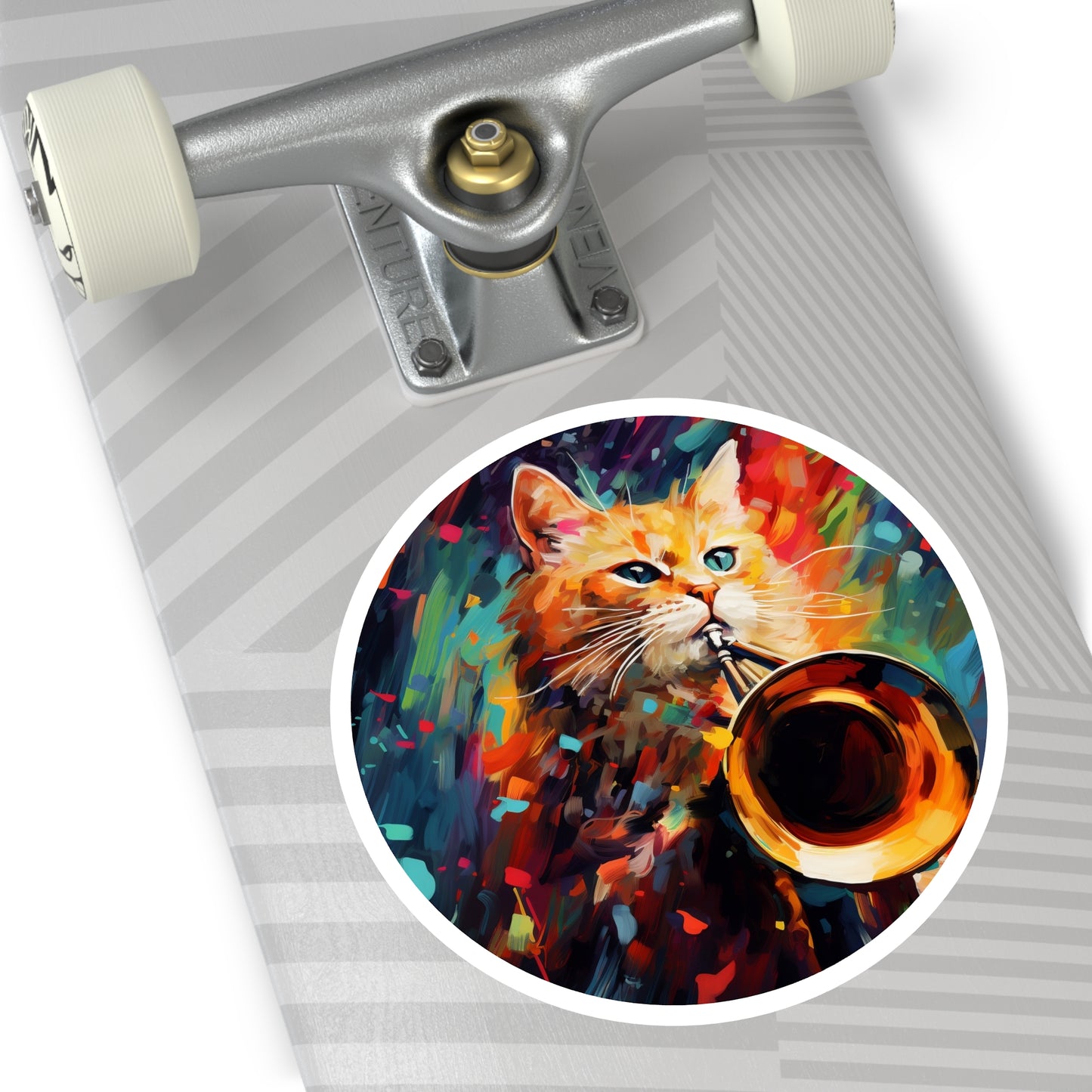 Round Vinyl Decals Sticker Trombonist Cat With Colorful Musical Waves