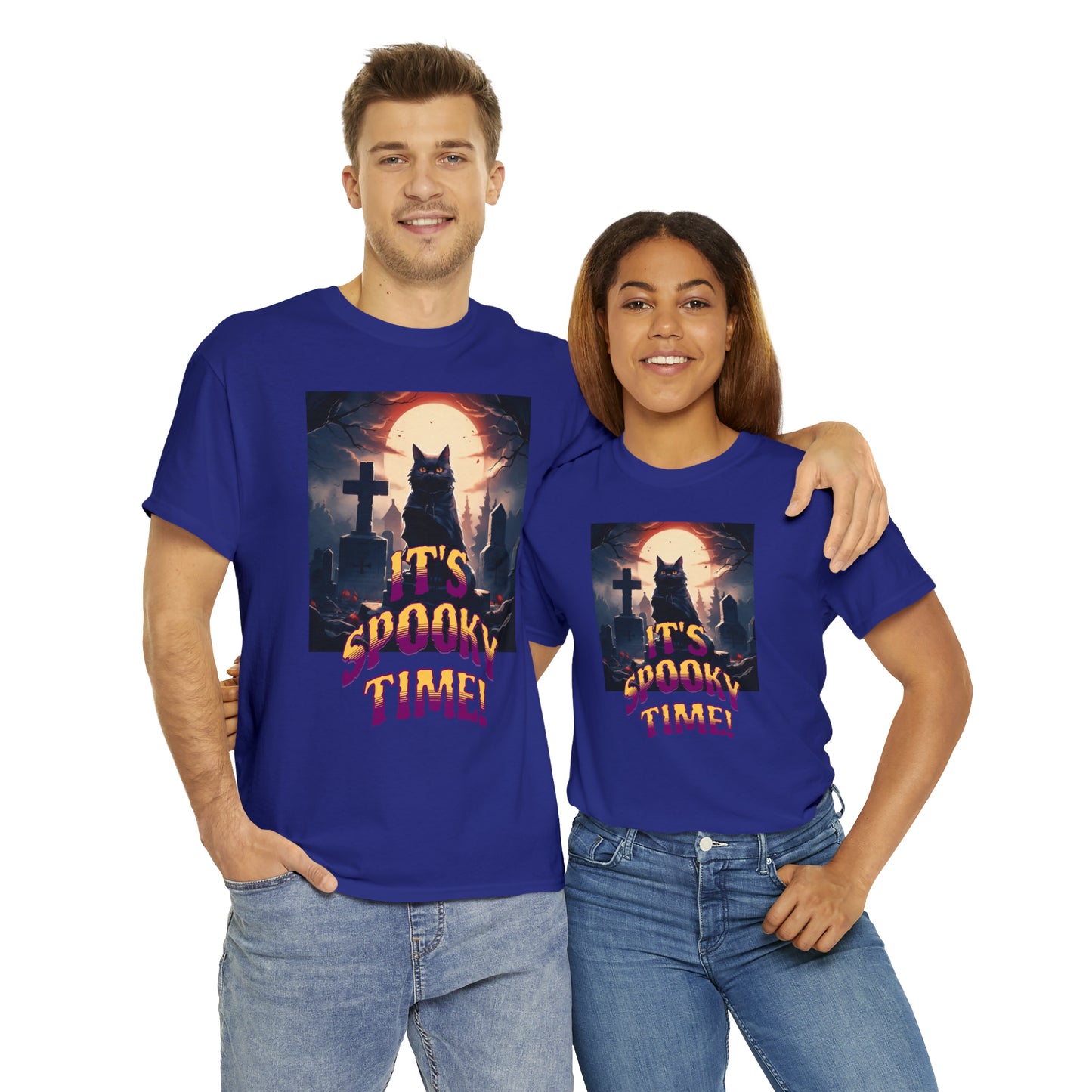 Unisex Cotton T-Shirt Vampire Cat in Spooky Graveyard Halloween Tee