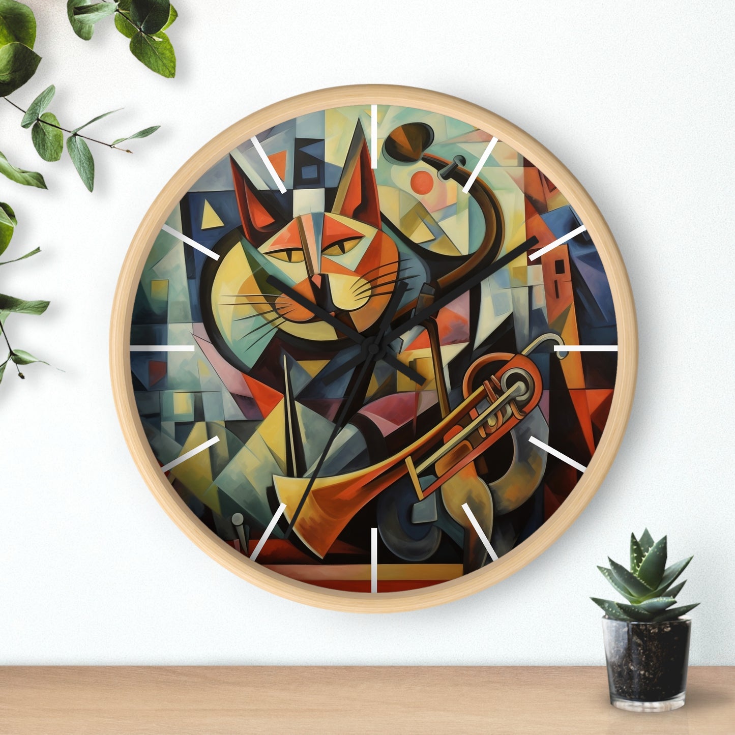 Wall Clock Trumpeter Cat Play Trumpet Music Cubism Graphic Home Decor