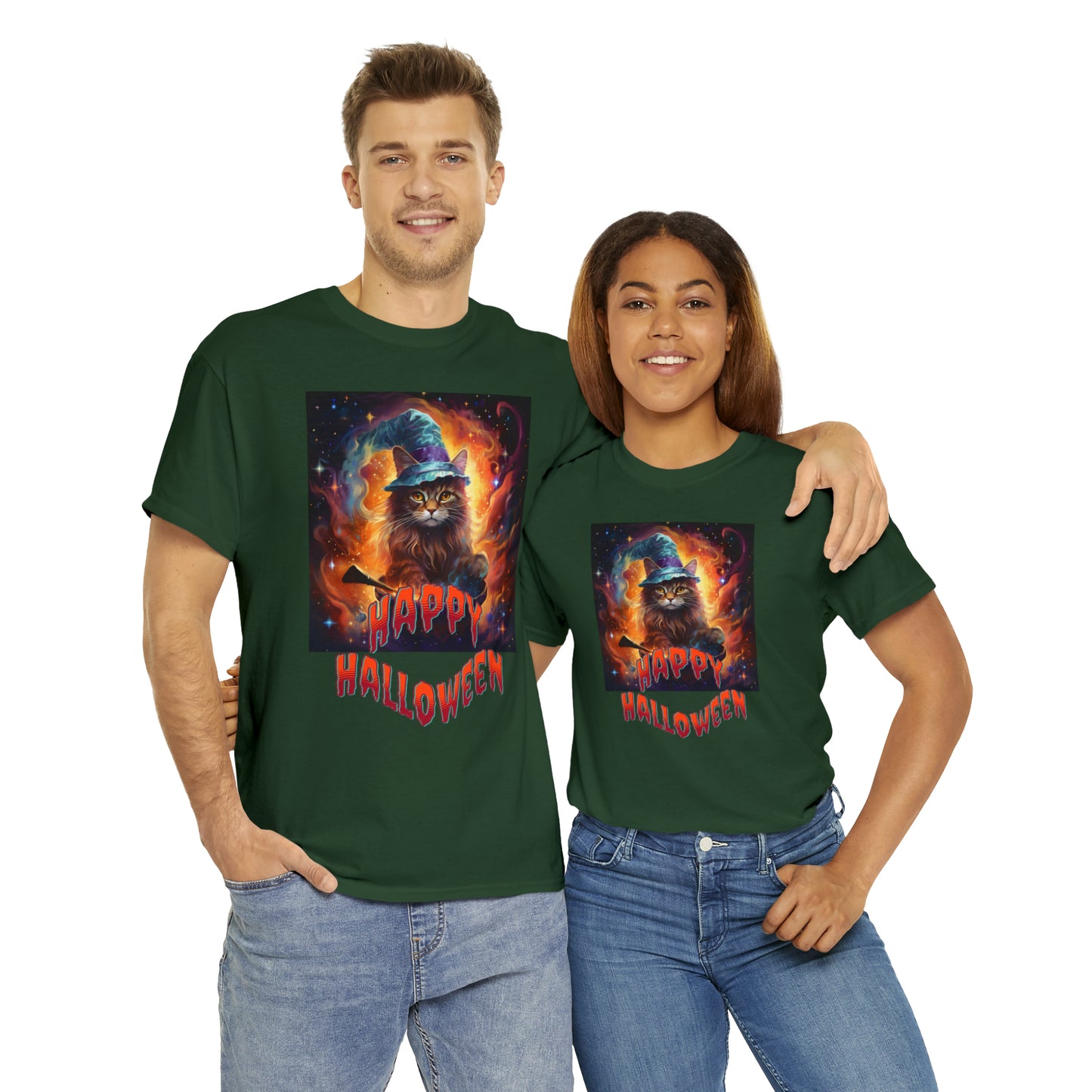 Unisex Cotton T-Shirt Happy Halloween Wizard Cat Graphic Costume Tee