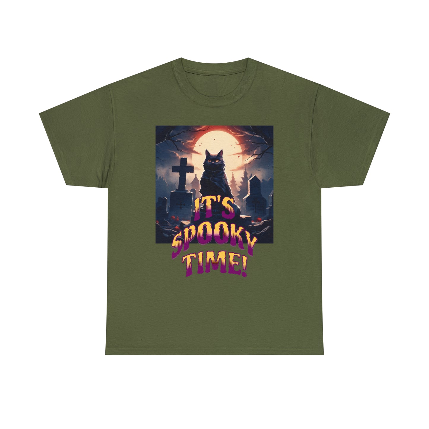 Unisex Cotton T-Shirt Vampire Cat in Spooky Graveyard Halloween Tee