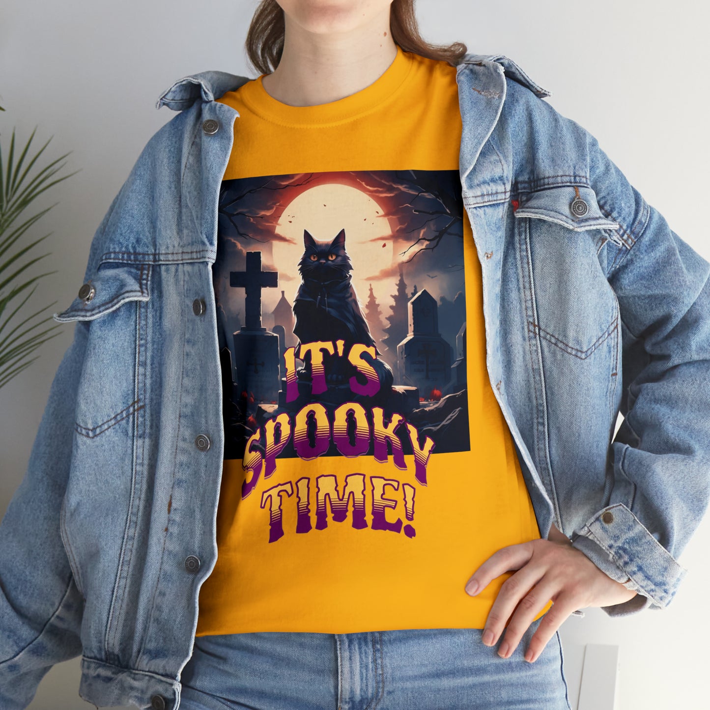 Unisex Cotton T-Shirt Vampire Cat in Spooky Graveyard Halloween Tee