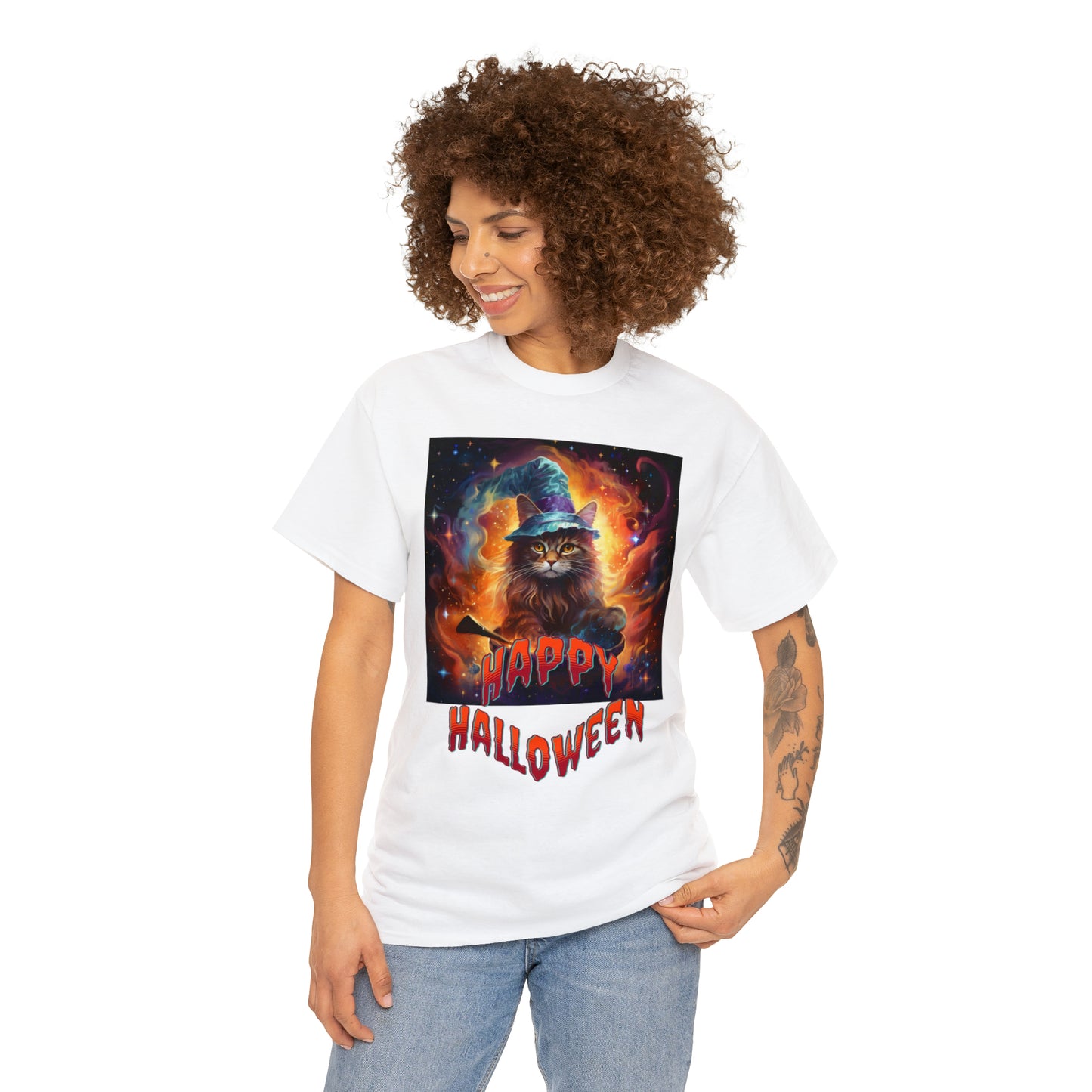 Unisex Cotton T-Shirt Happy Halloween Wizard Cat Graphic Costume Tee