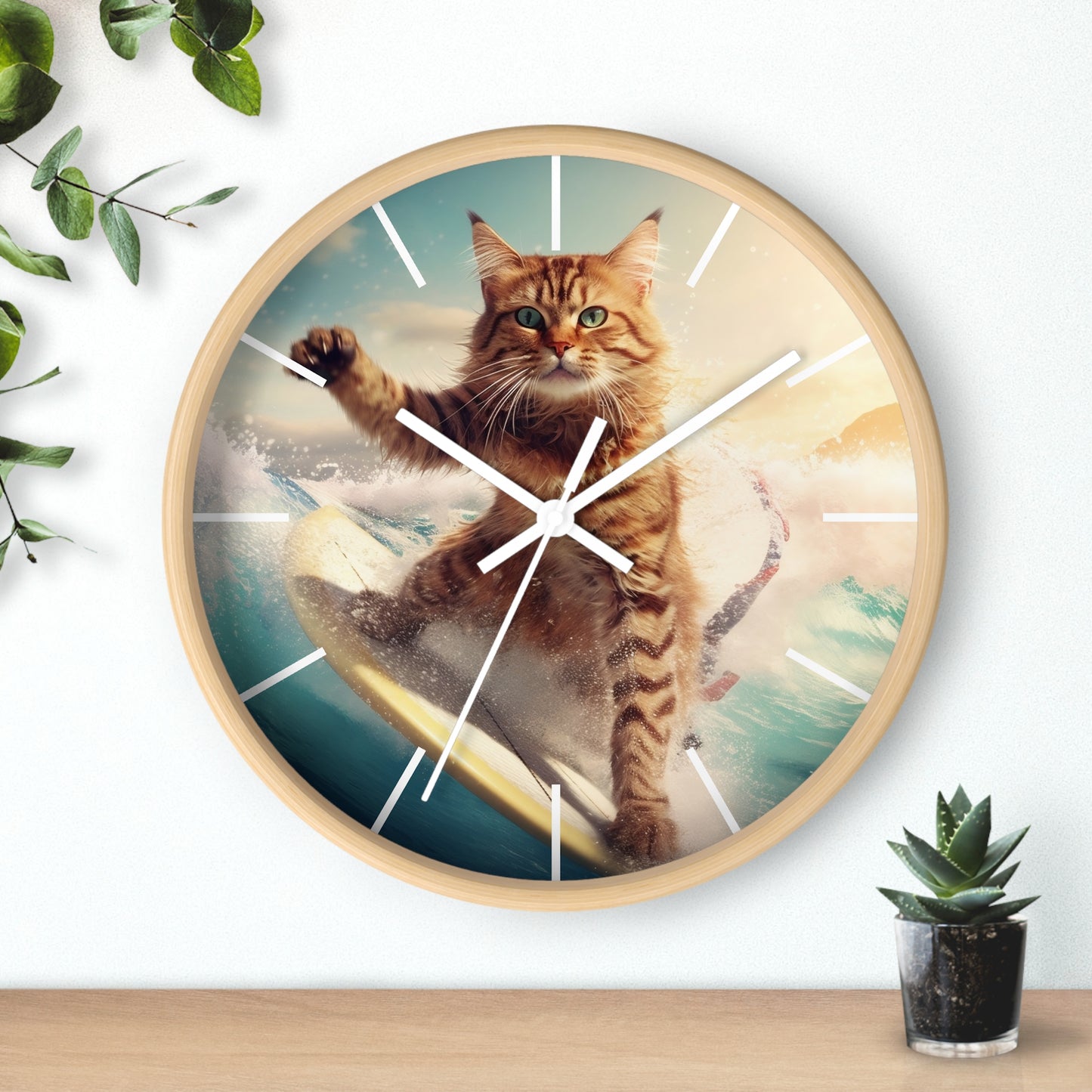 Wall Clock Brown Tabby Cat Surfing at Beach Home Decor