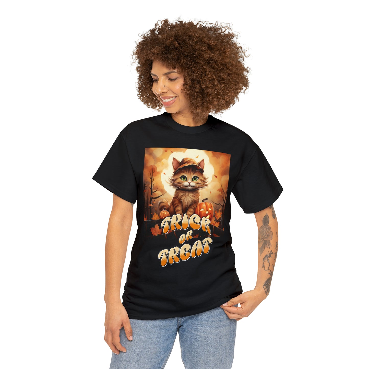 Unisex Cotton T-Shirt Trick or Treat Pumpkin Cat Graphic Costume Tee