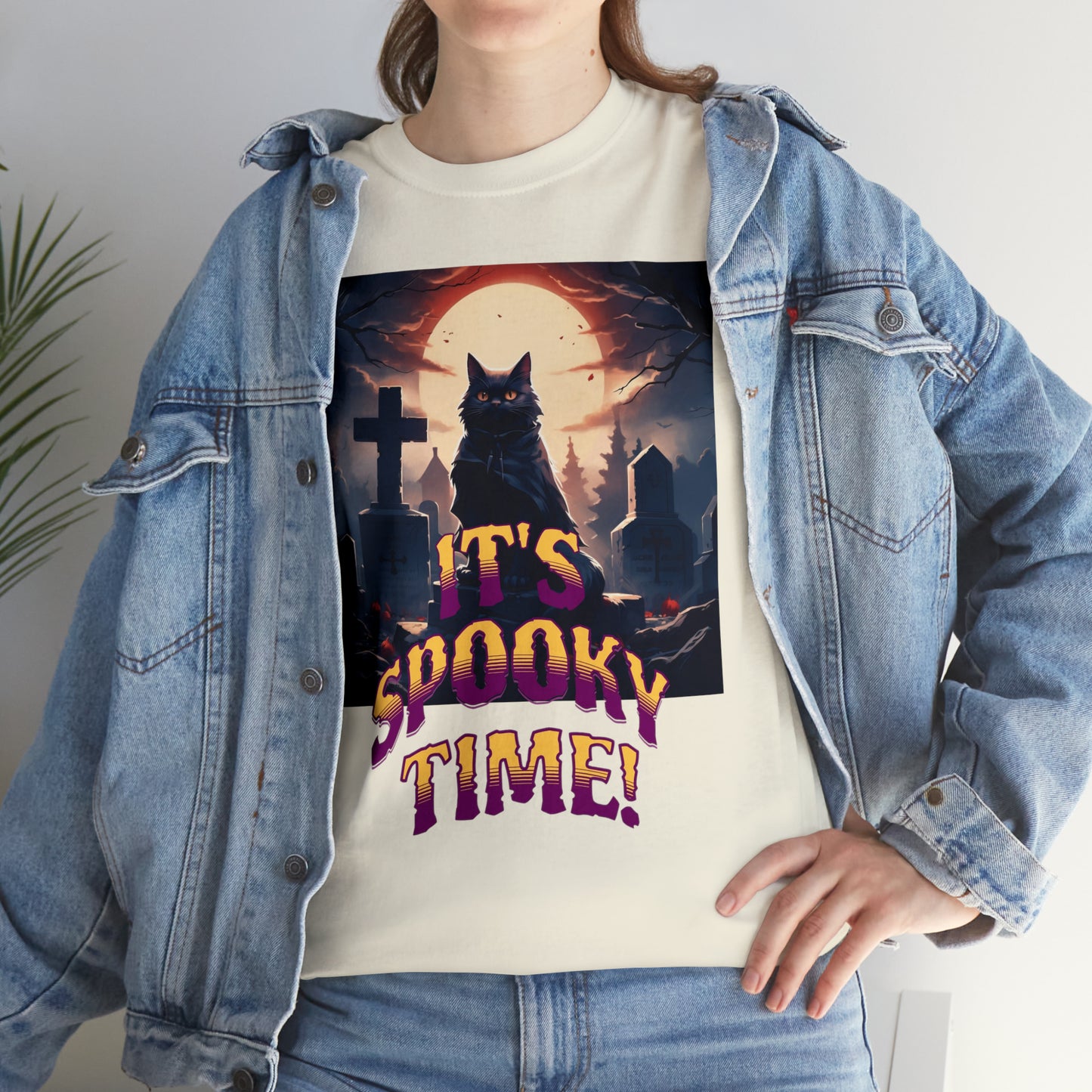 Unisex Cotton T-Shirt Vampire Cat in Spooky Graveyard Halloween Tee